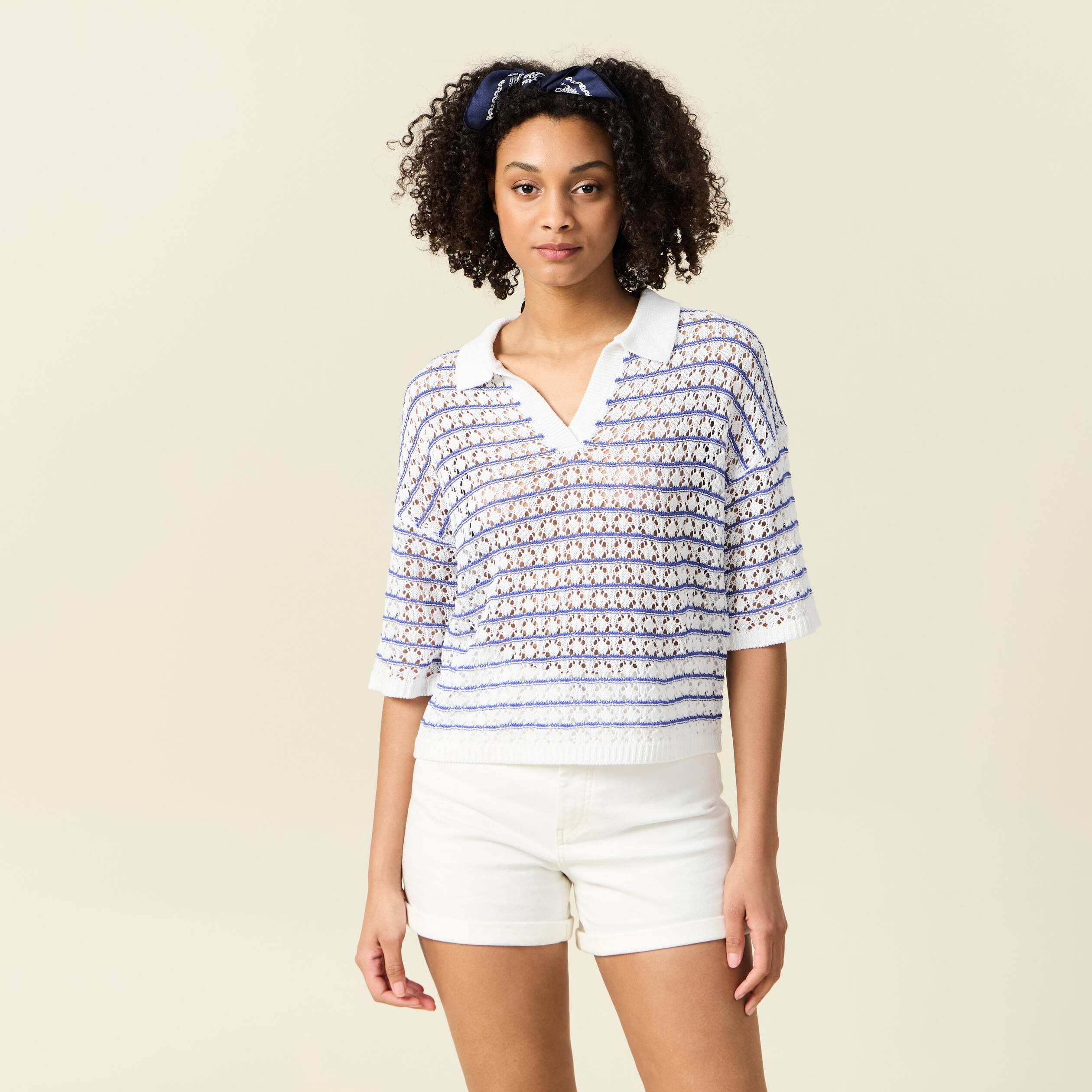 pull manches courtes col polo bleu electrique femme Pull manches courtes col polo bleu electrique femme