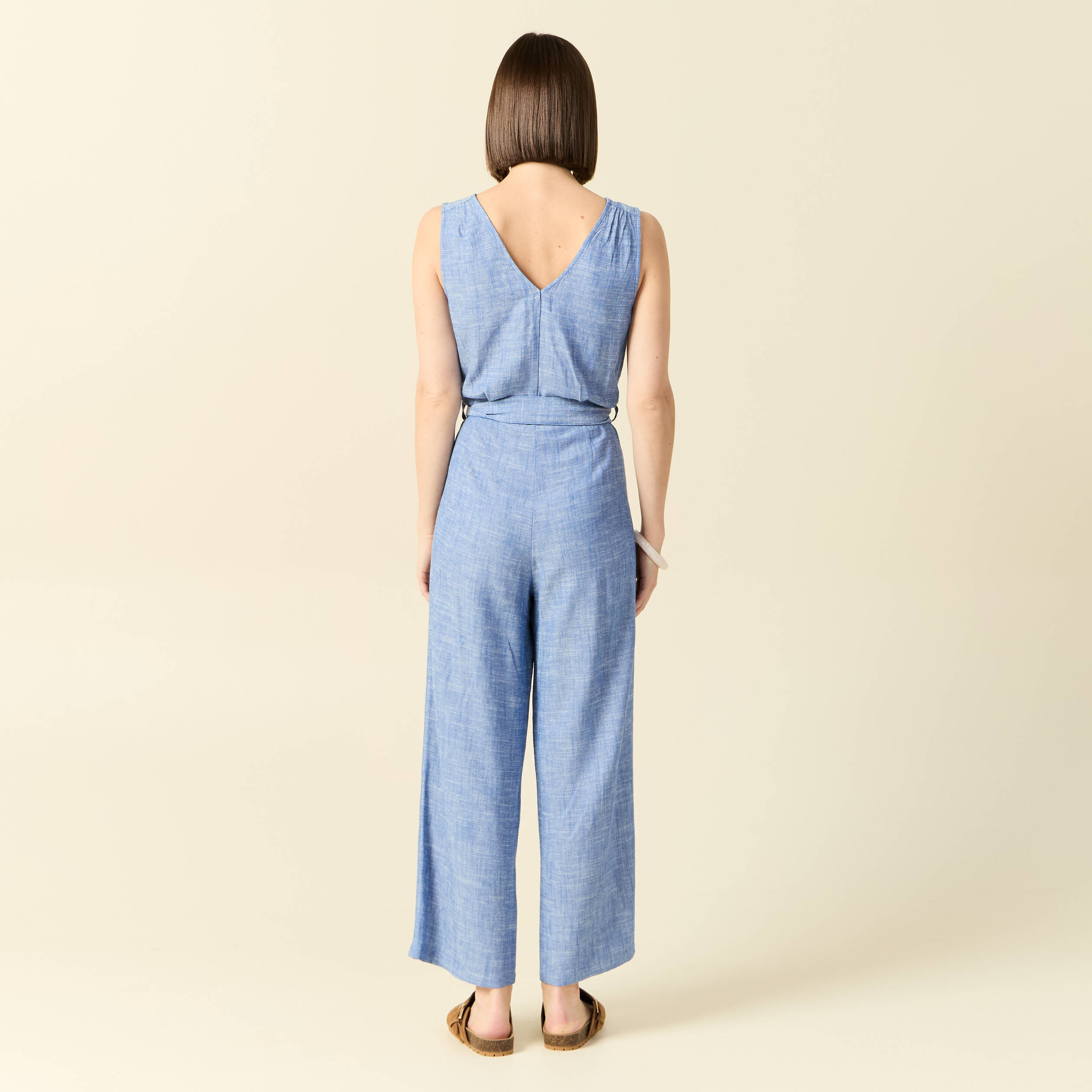 Combinaison pantalon ceintur&eacute;e bleu femme
