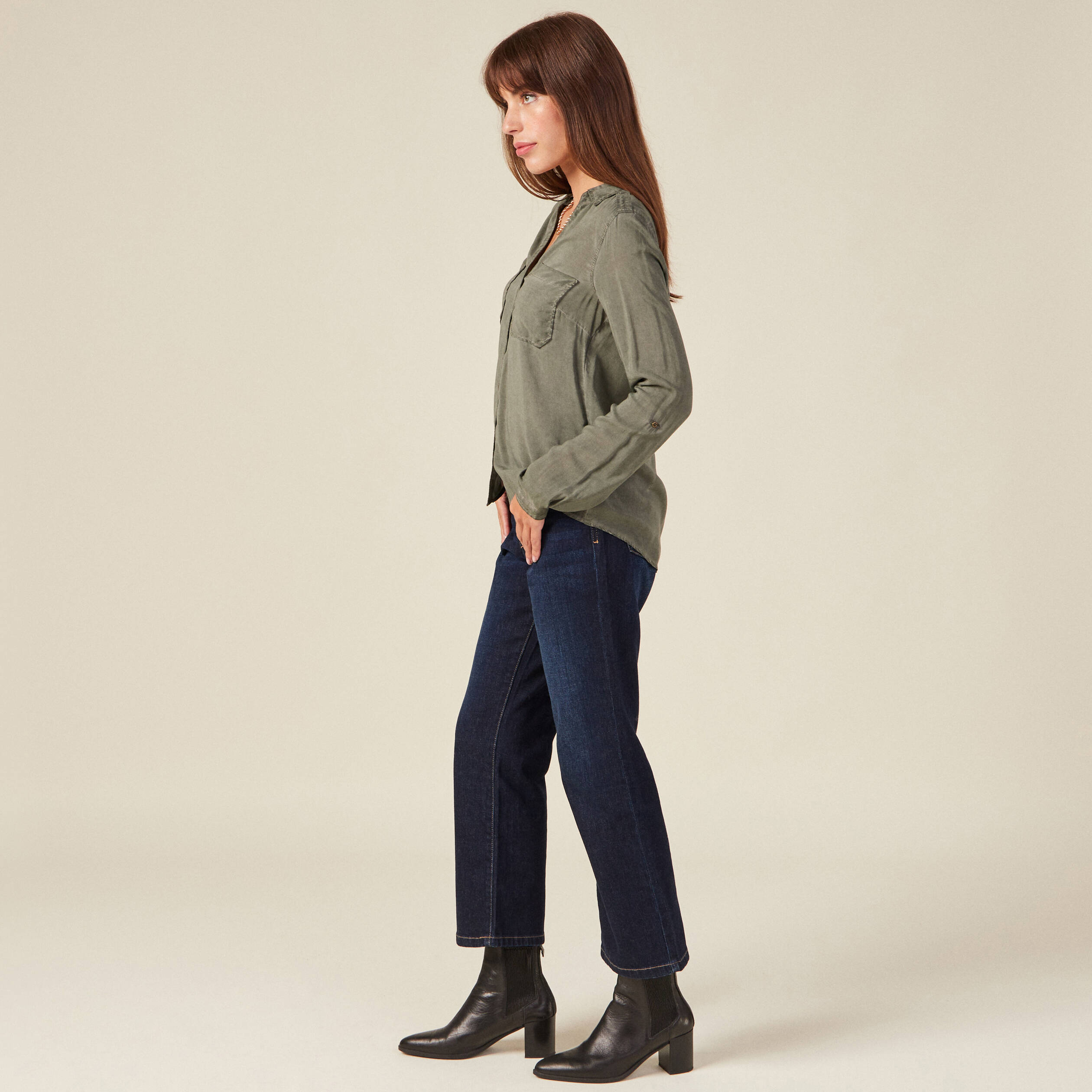 Chemise manches longues vert kaki femme Bonobo