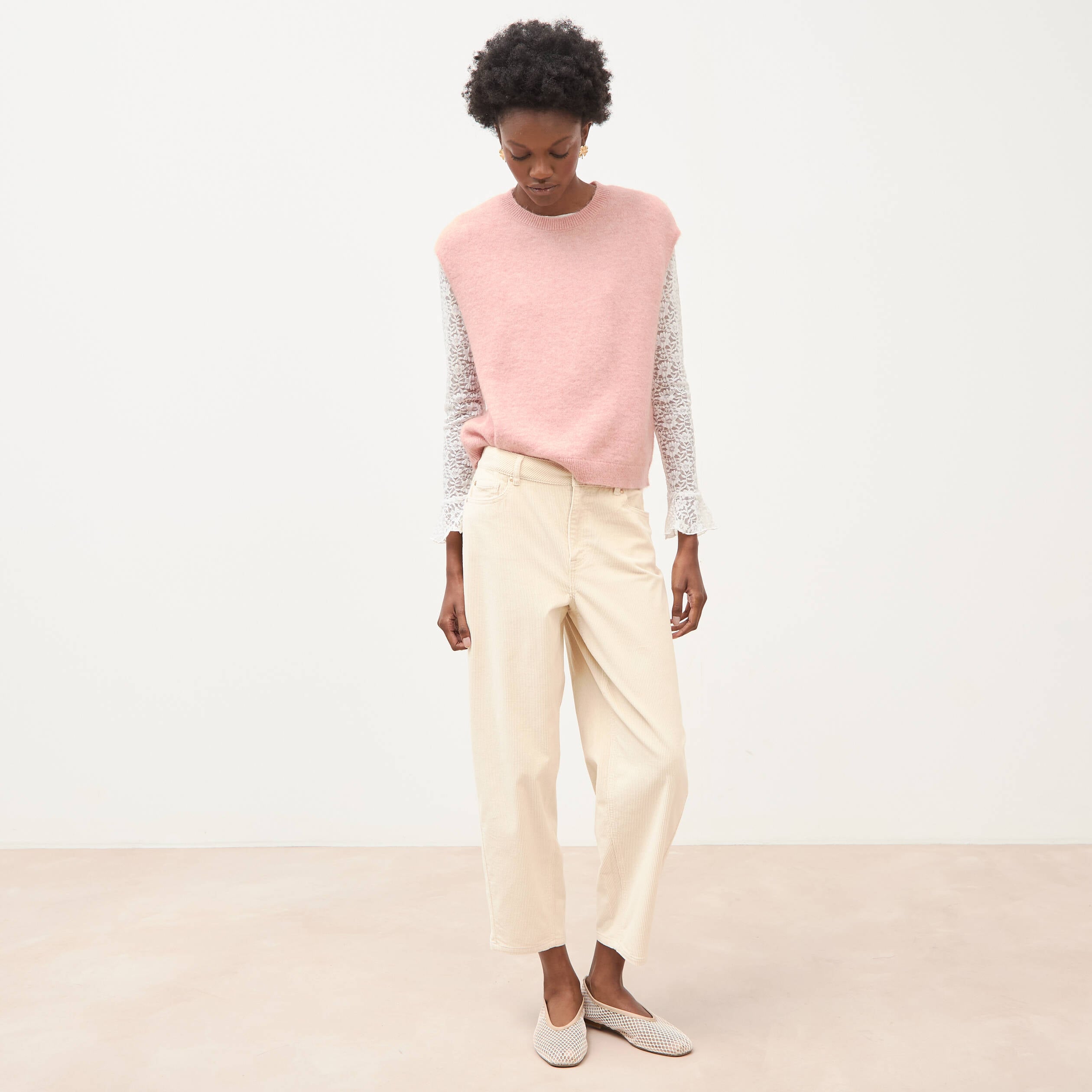 Pantalon barrel taille haute velours ivoire femme