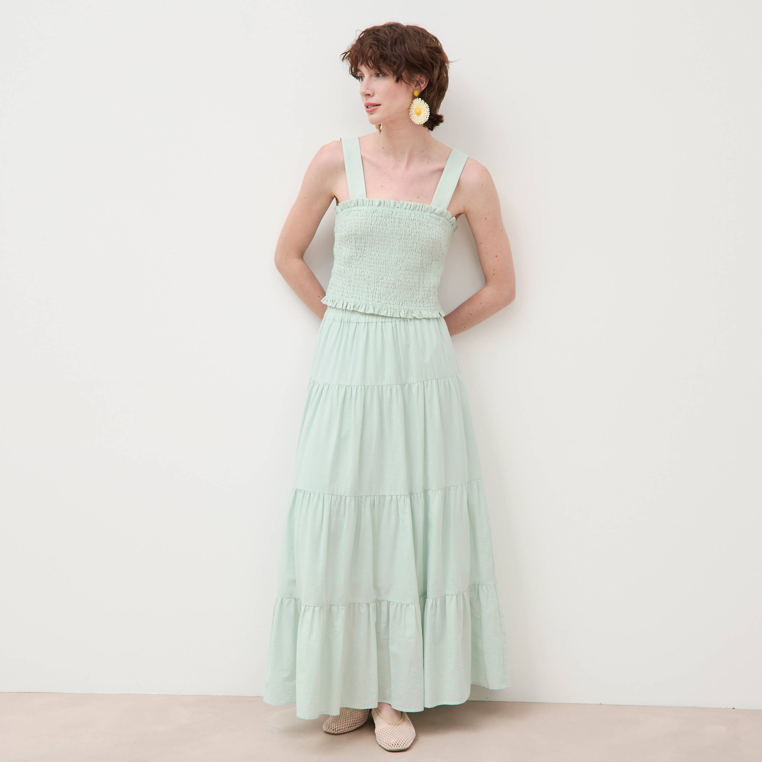 Jupe longue &eacute;vas&eacute;e en coton doubl&eacute;e vert pastel femme