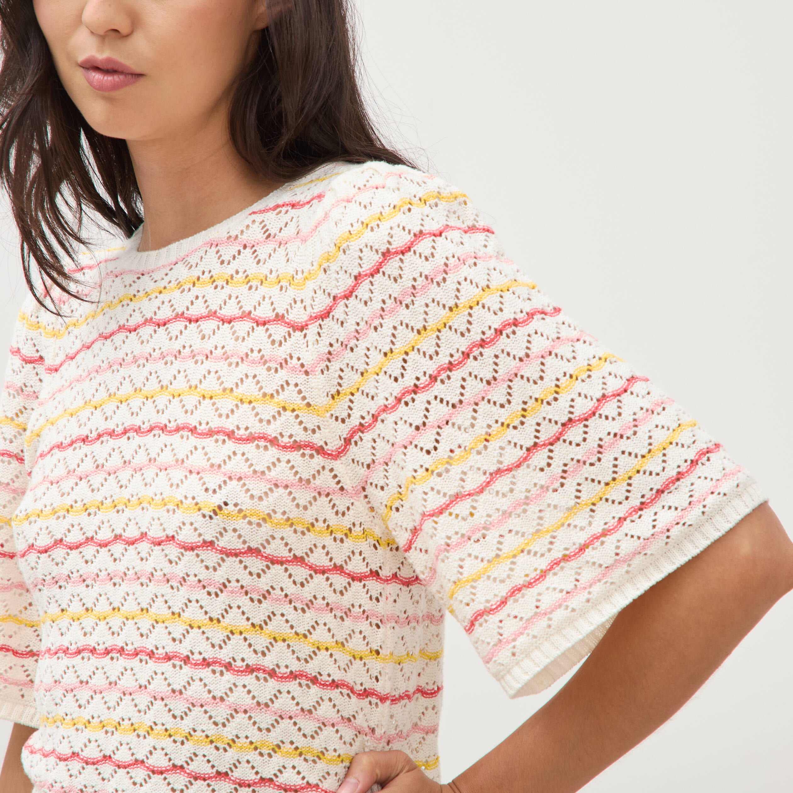 Pull col bateau manches courtes rose femme