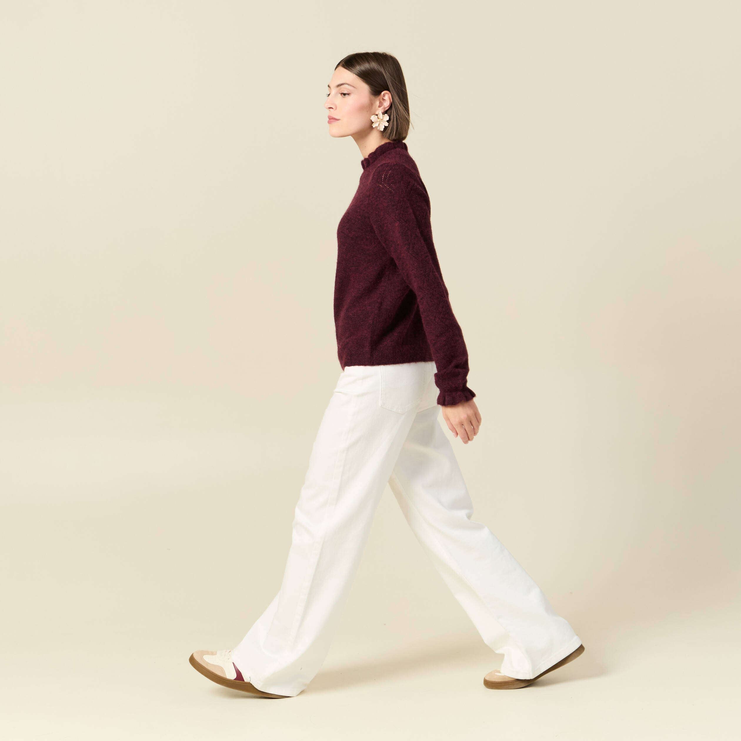 Pull col montant manches longues bordeaux femme
