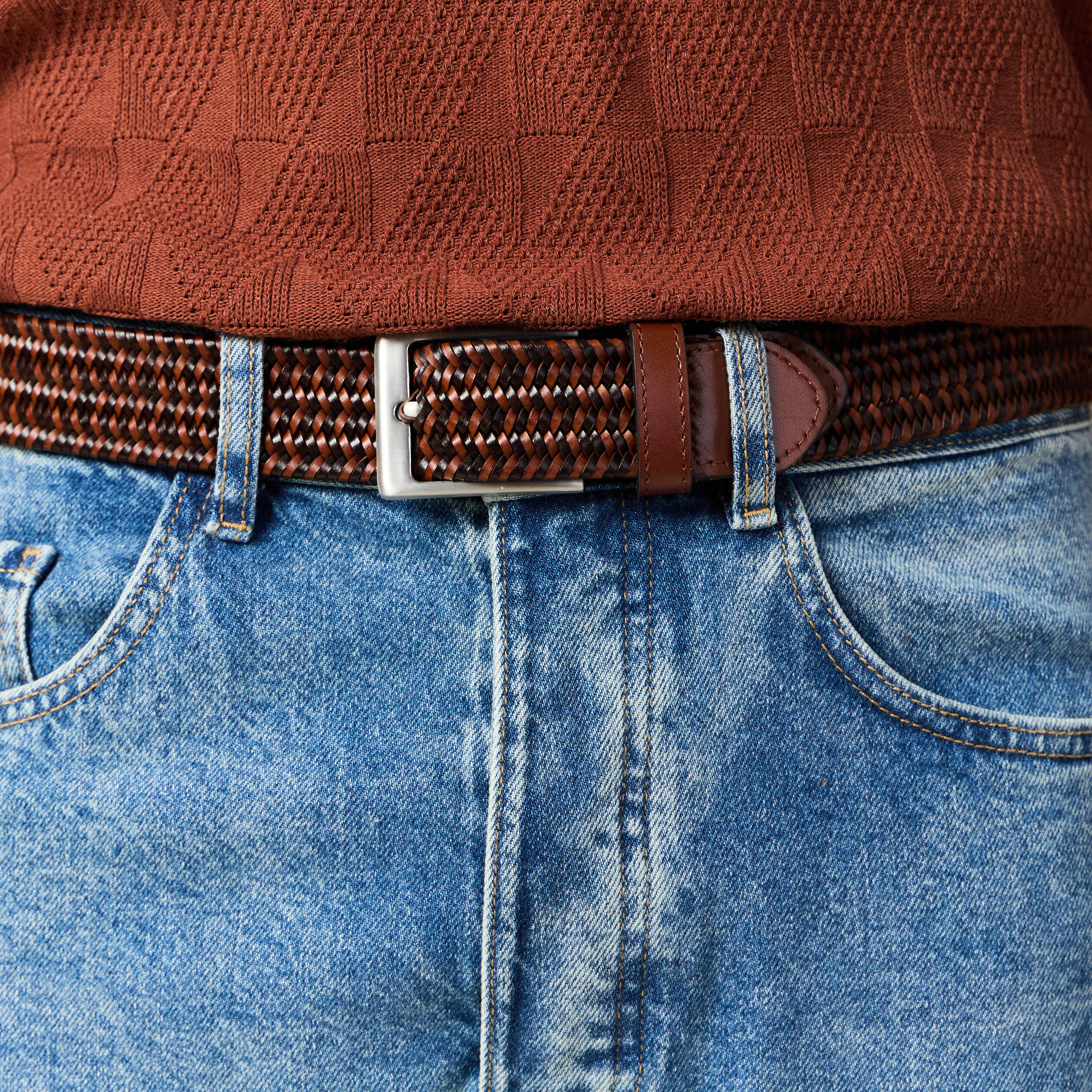Ceinture tress&eacute;e marron homme