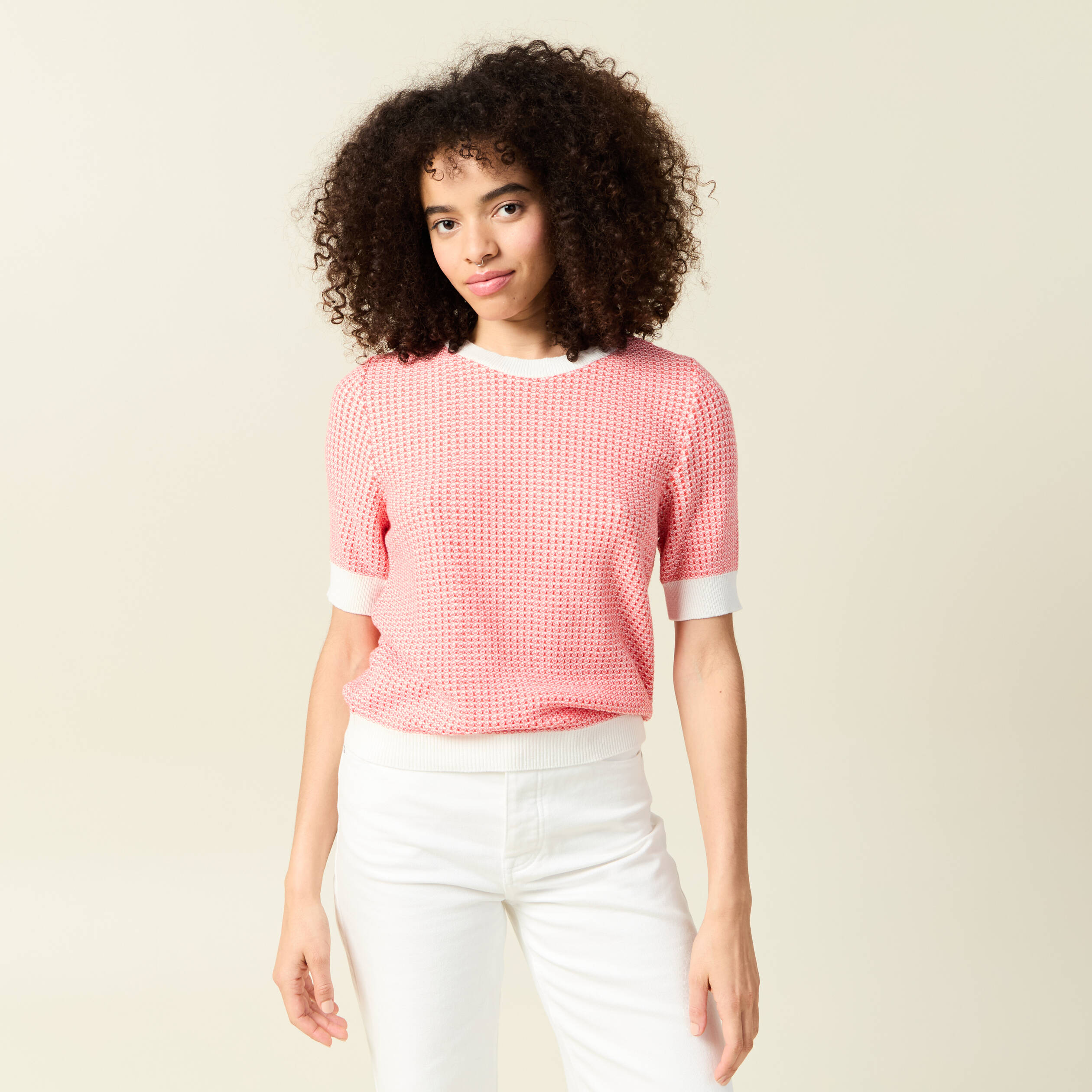 pull droit court manches courtes ecru femme Pull droit court manches courtes ecru femme