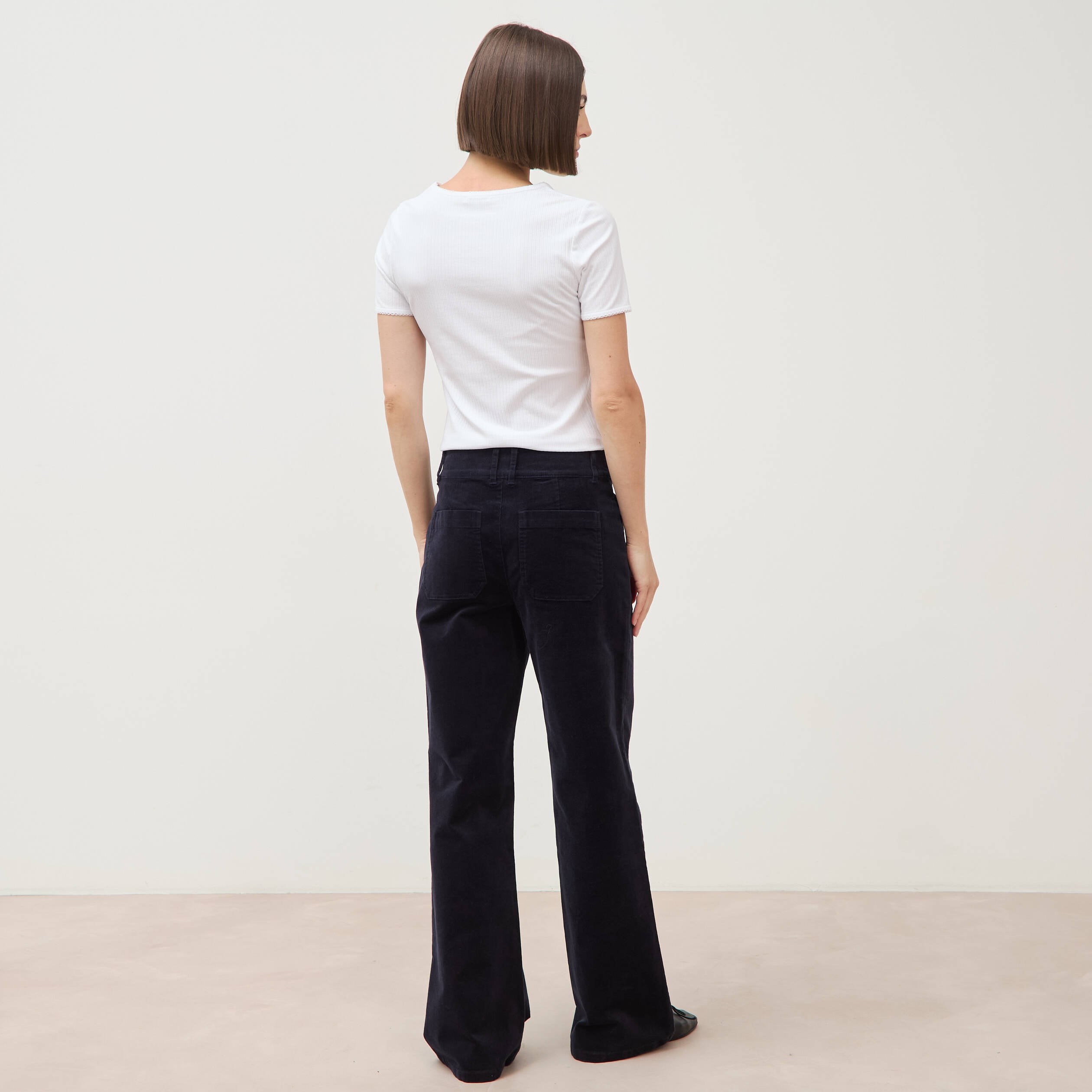 Pantalon flare taille haute en velours bleu fonc&eacute; femme
