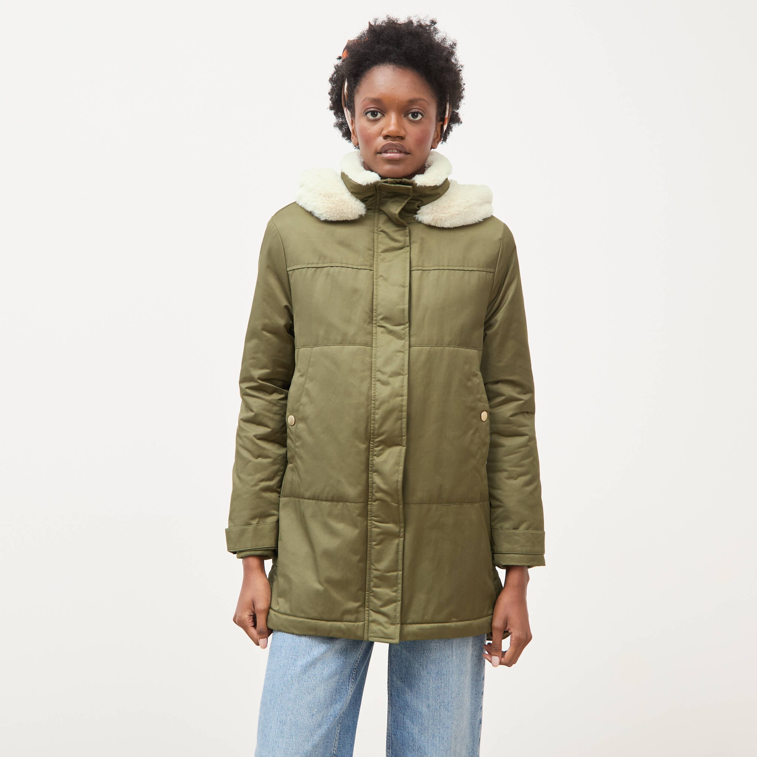 Parka droite &agrave; capuche vert kaki femme