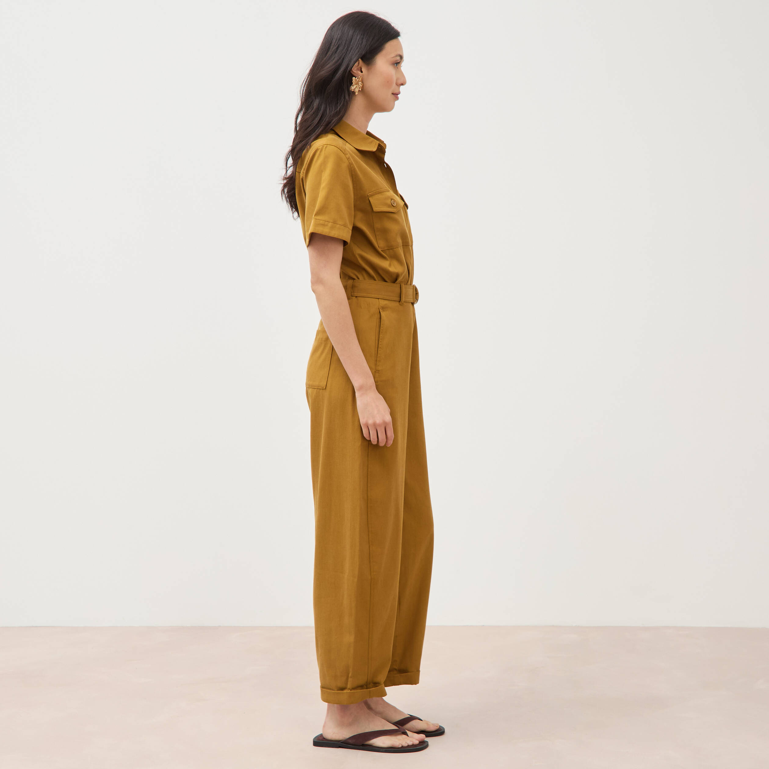 Combinaison salopette col am&eacute;ricain vert olive femme