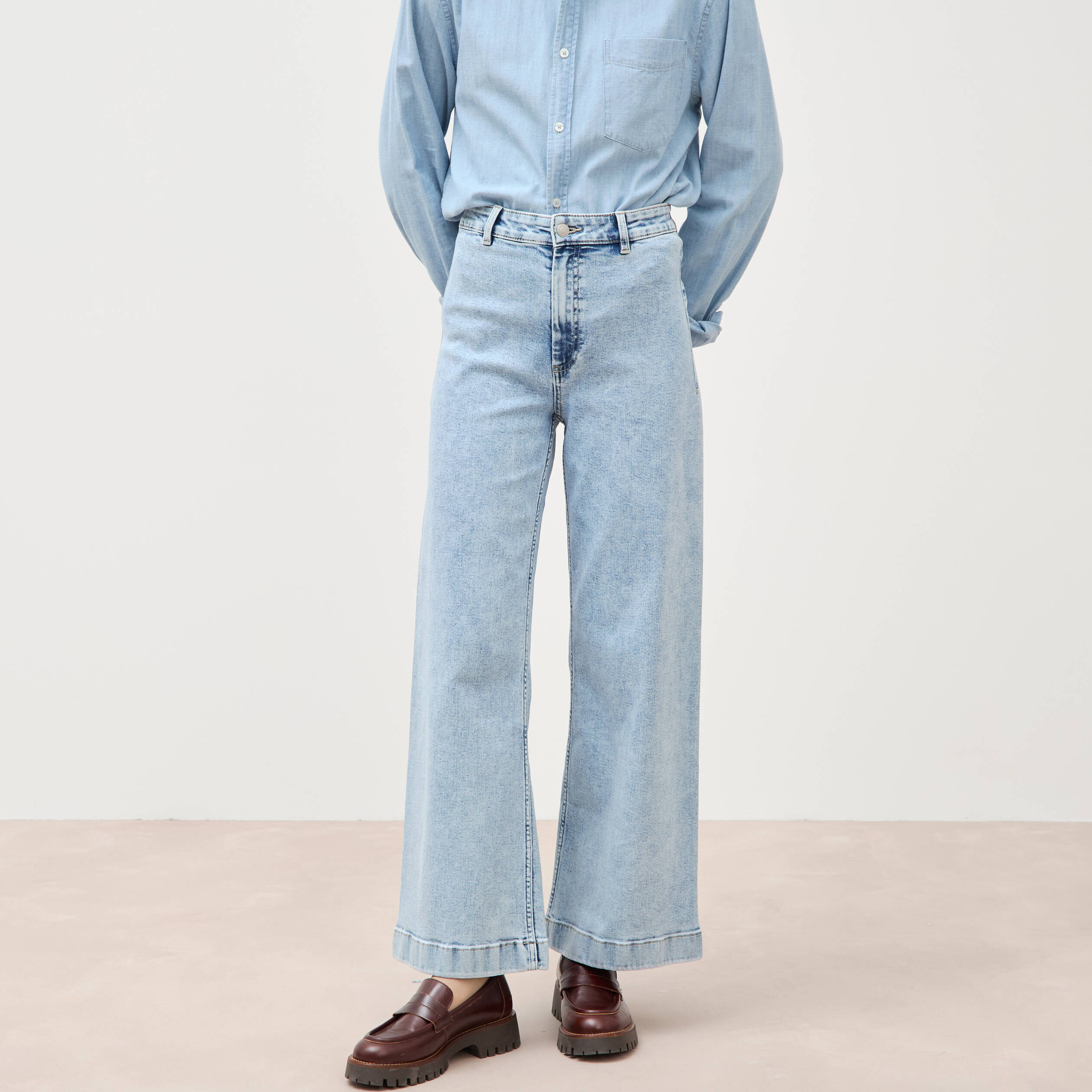 Jeans large taille haute denim bleach femme