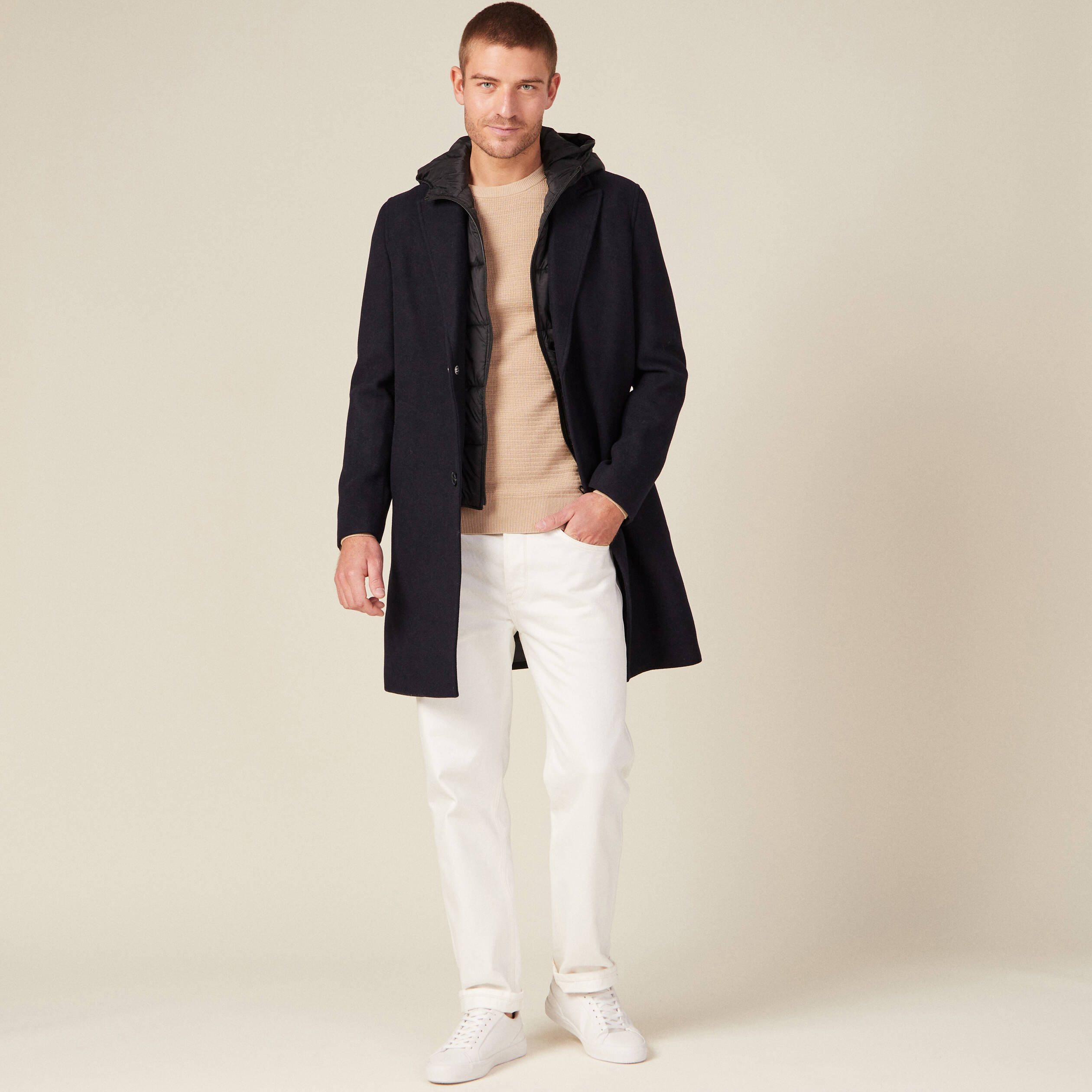 Pull manches longues col rond beige homme