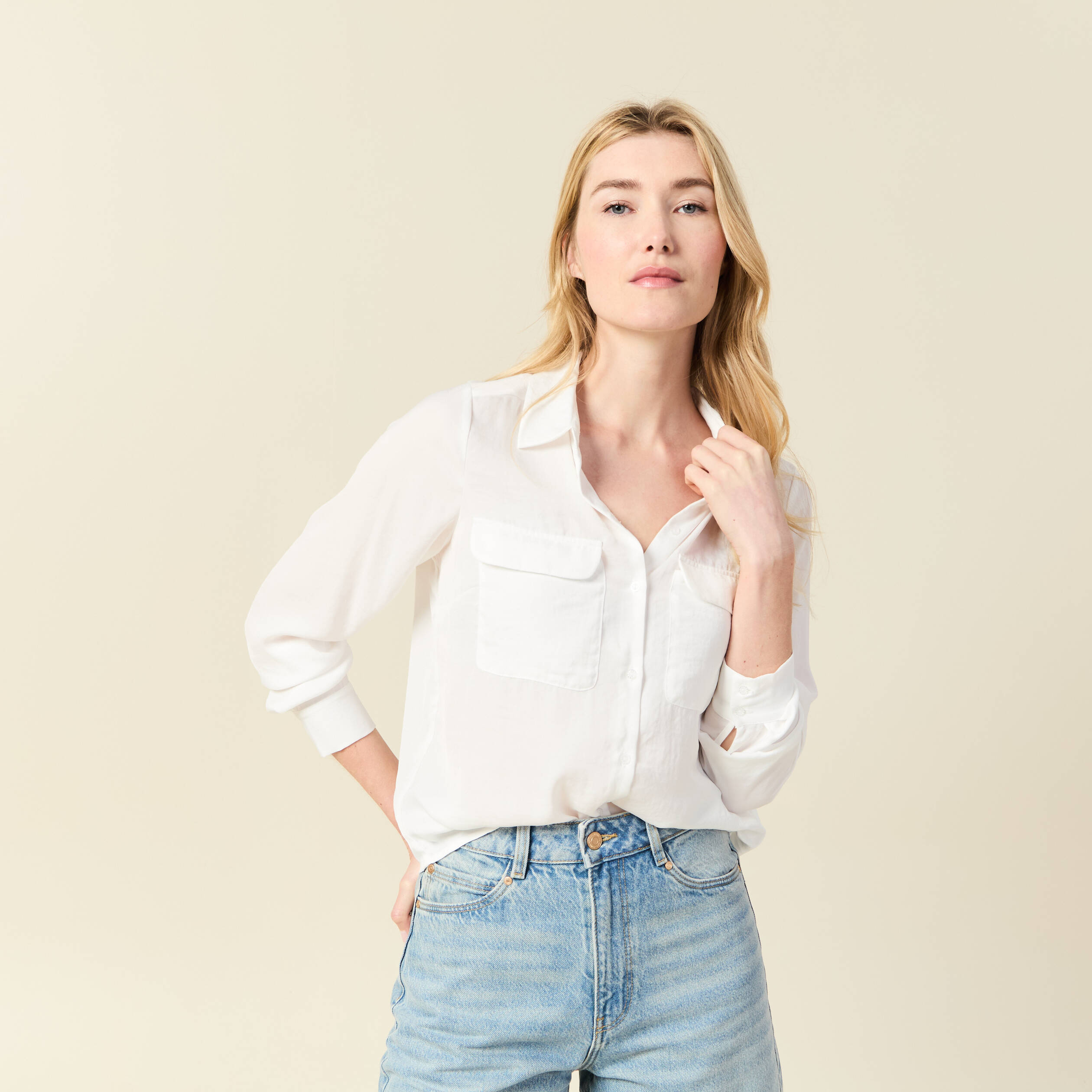 Chemise manches longues satin ecru femme