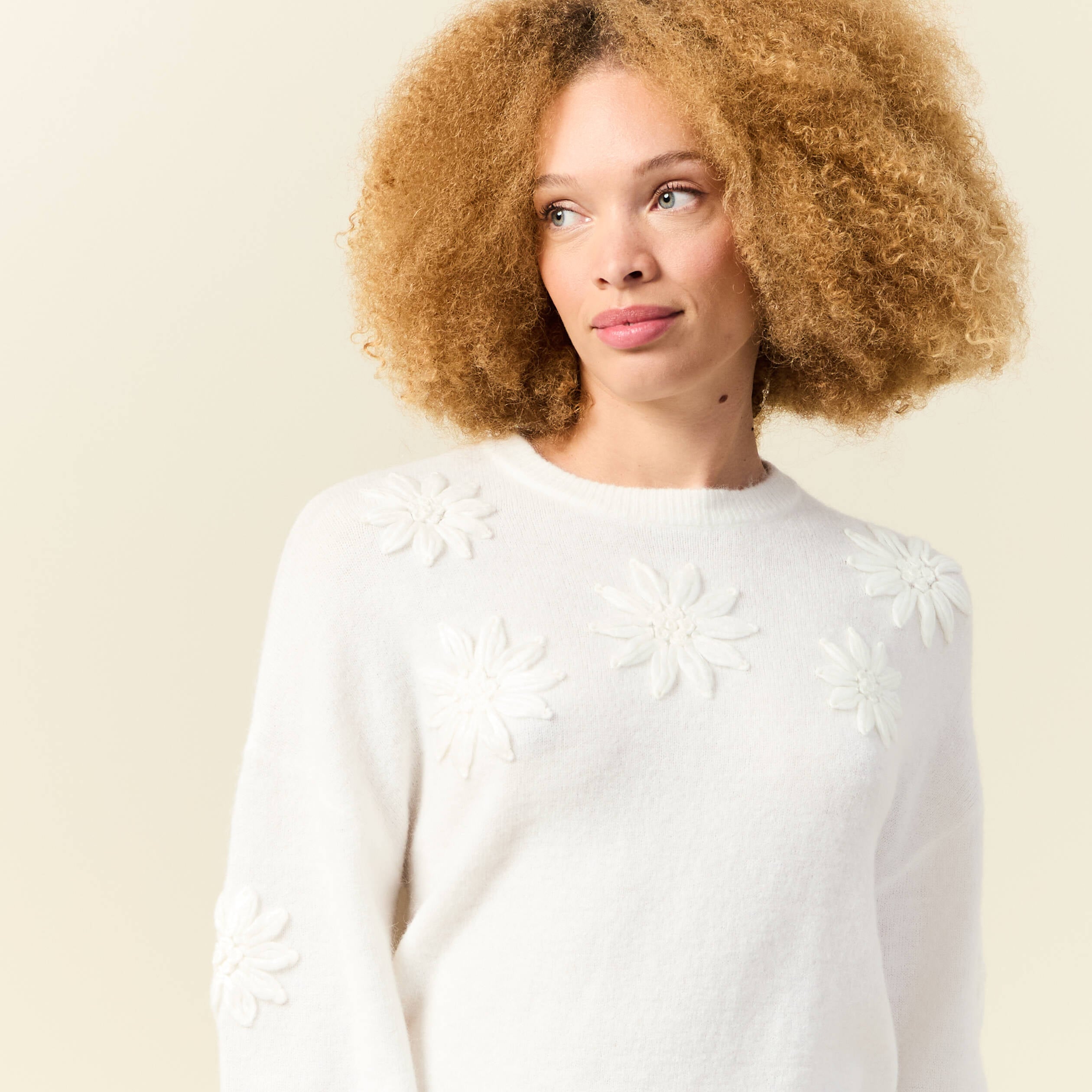 Pull manches longues col rond ecru femme