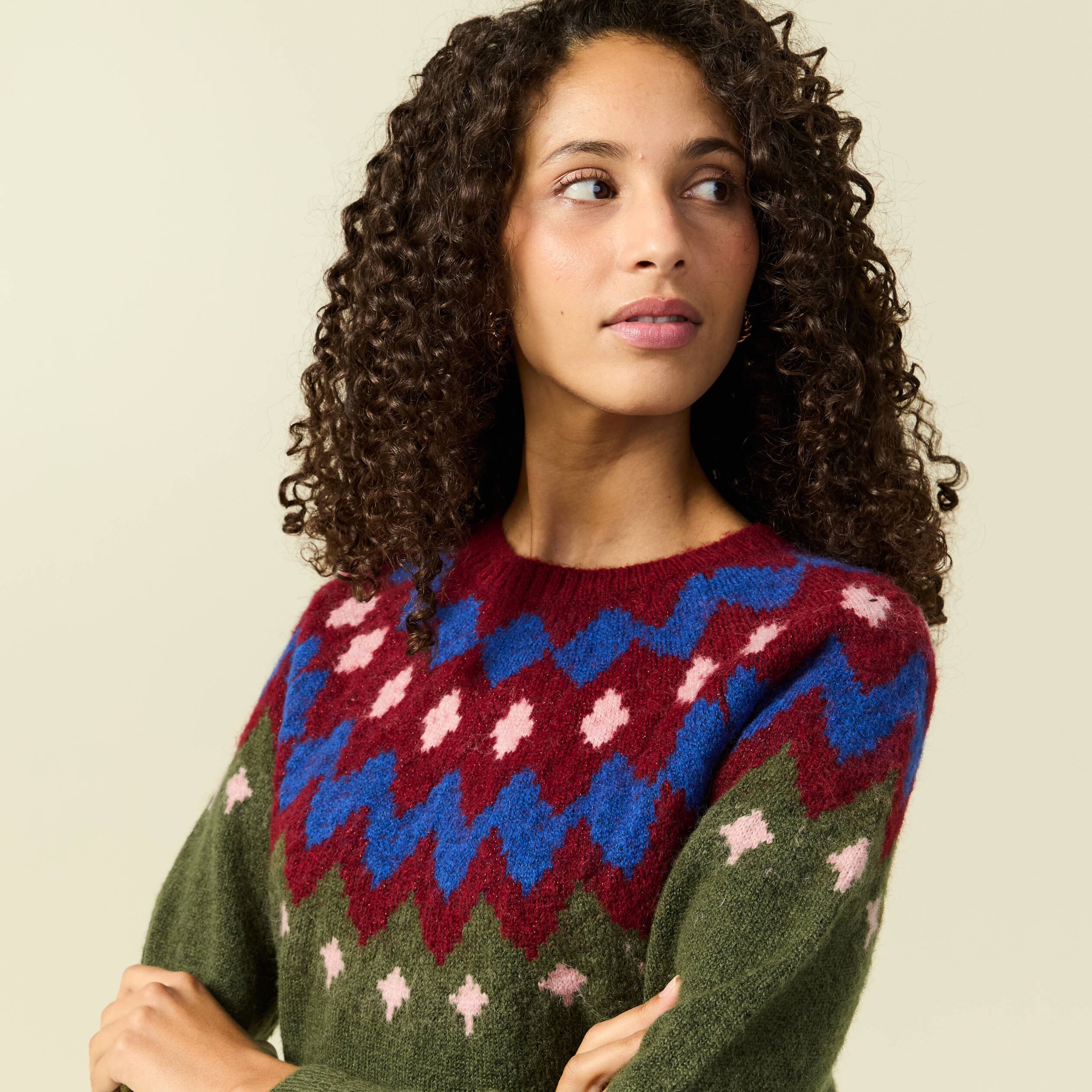 Pull col rond manches longues vert kaki femme