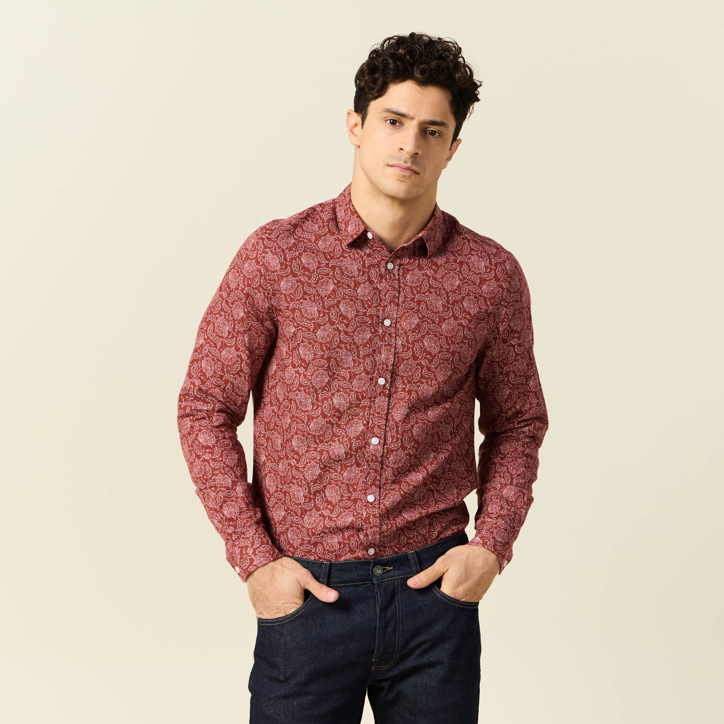 Chemise manches longues marron homme