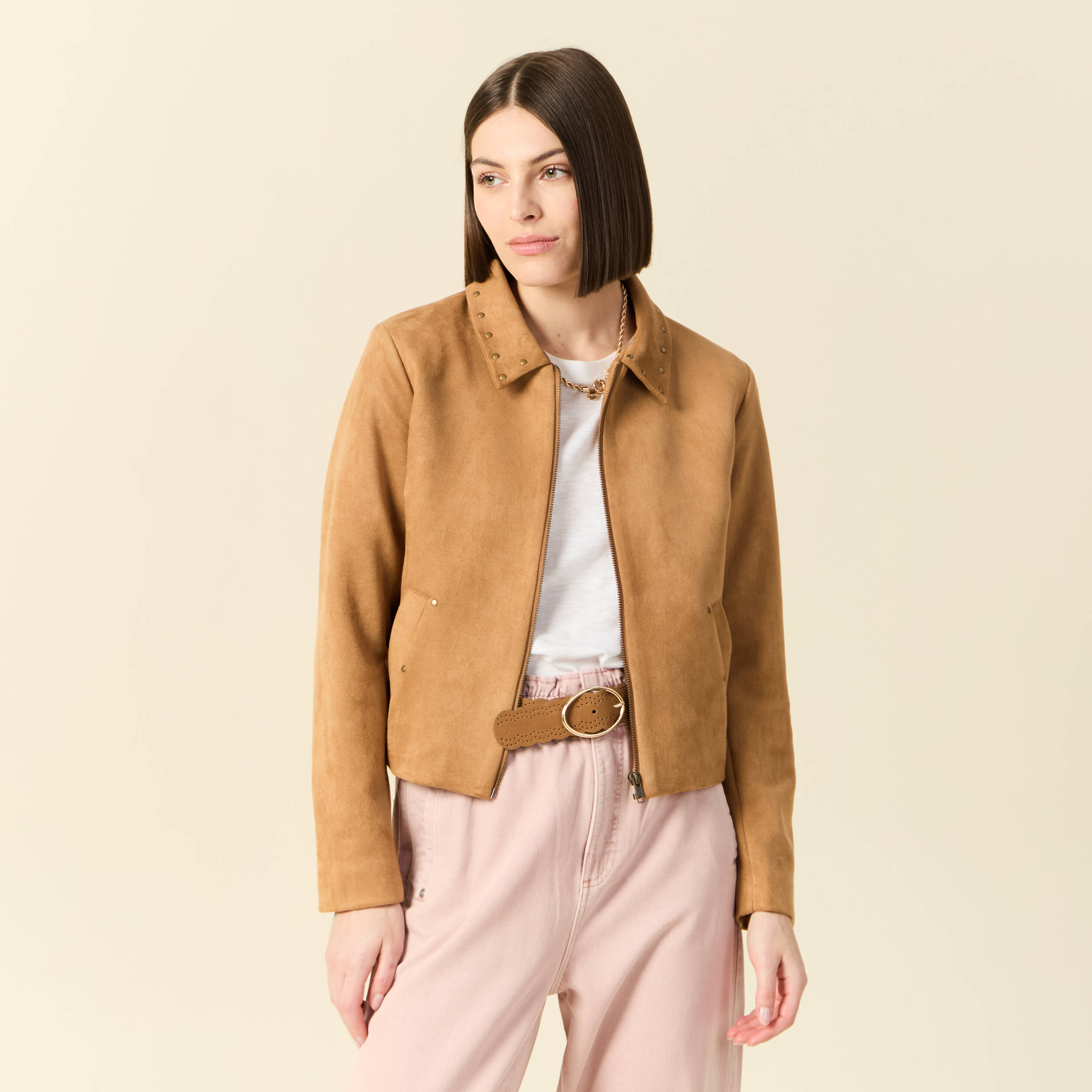 Blouson su&eacute;dine col clout&eacute; beige femme