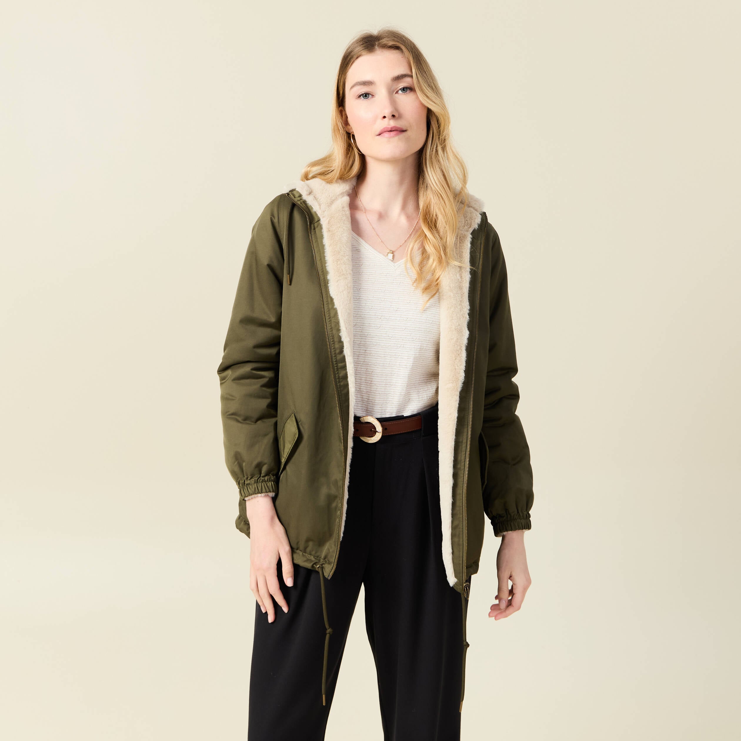 Parka r&eacute;versible vert kaki femme