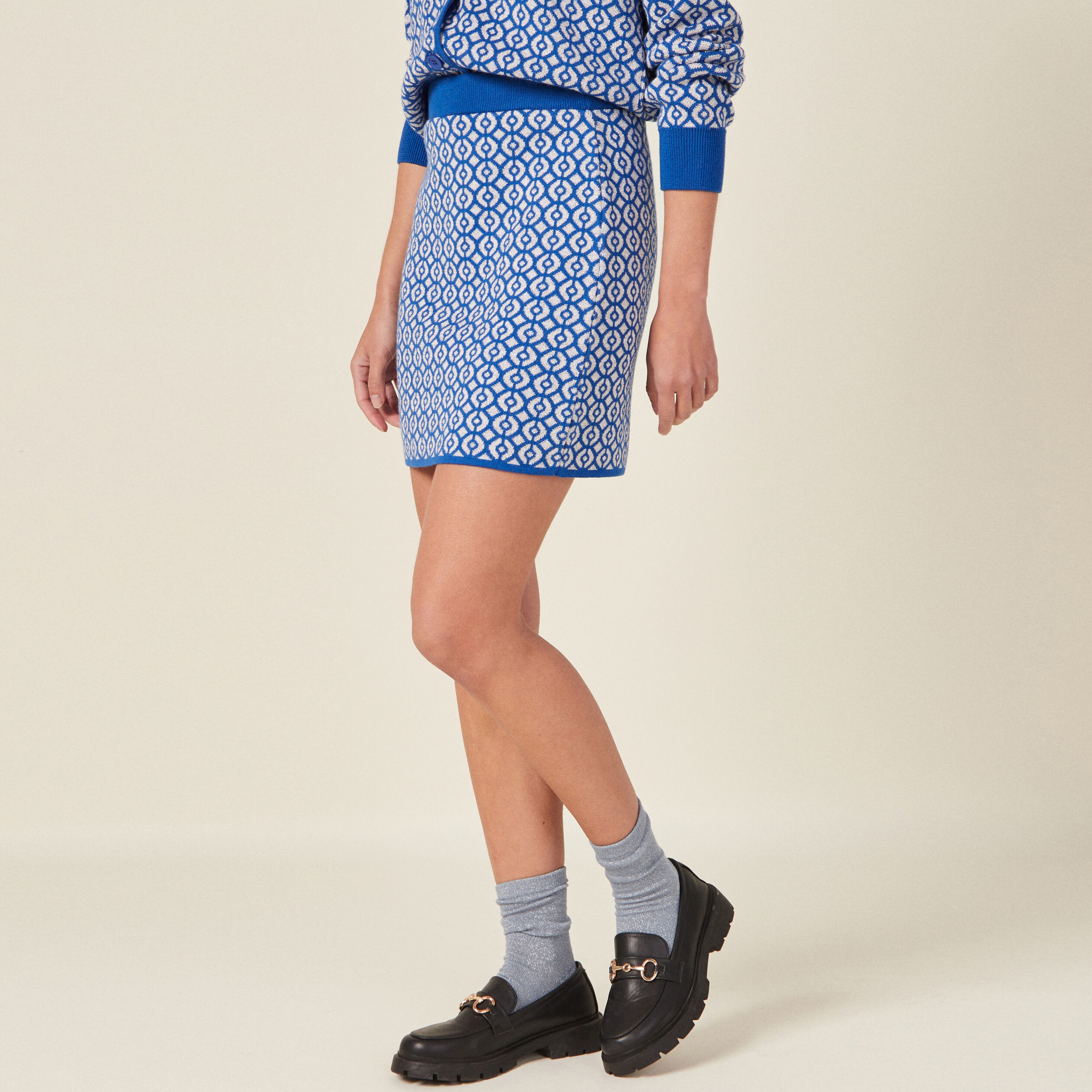 Jupe droite tricot&eacute;e bleu femme