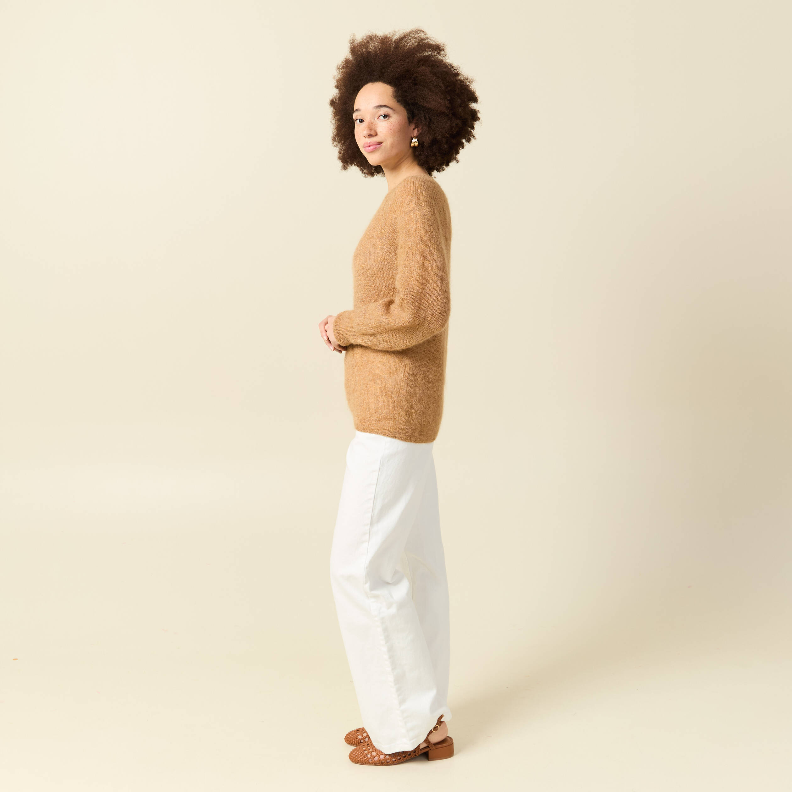 Pull manches longues col rond camel femme