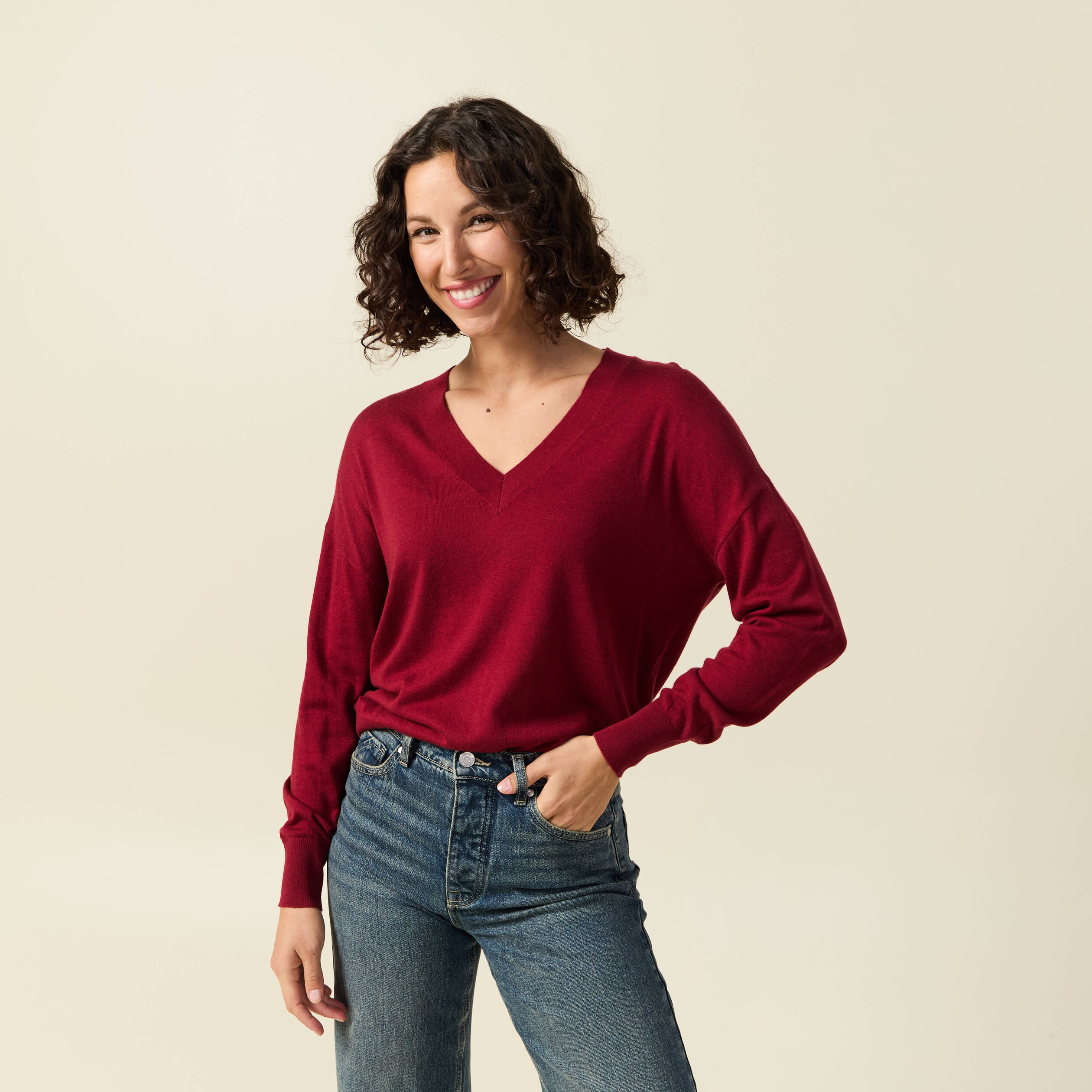 pull fin col v manches longues rouge femme Pull fin col V manches longues rouge femme