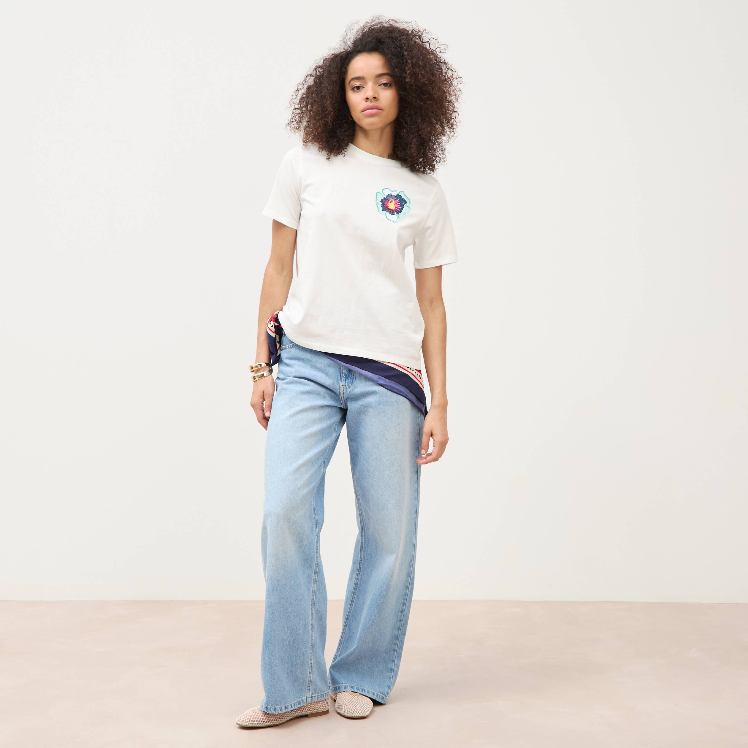T-shirt droit col rond manches courtes ecru femme