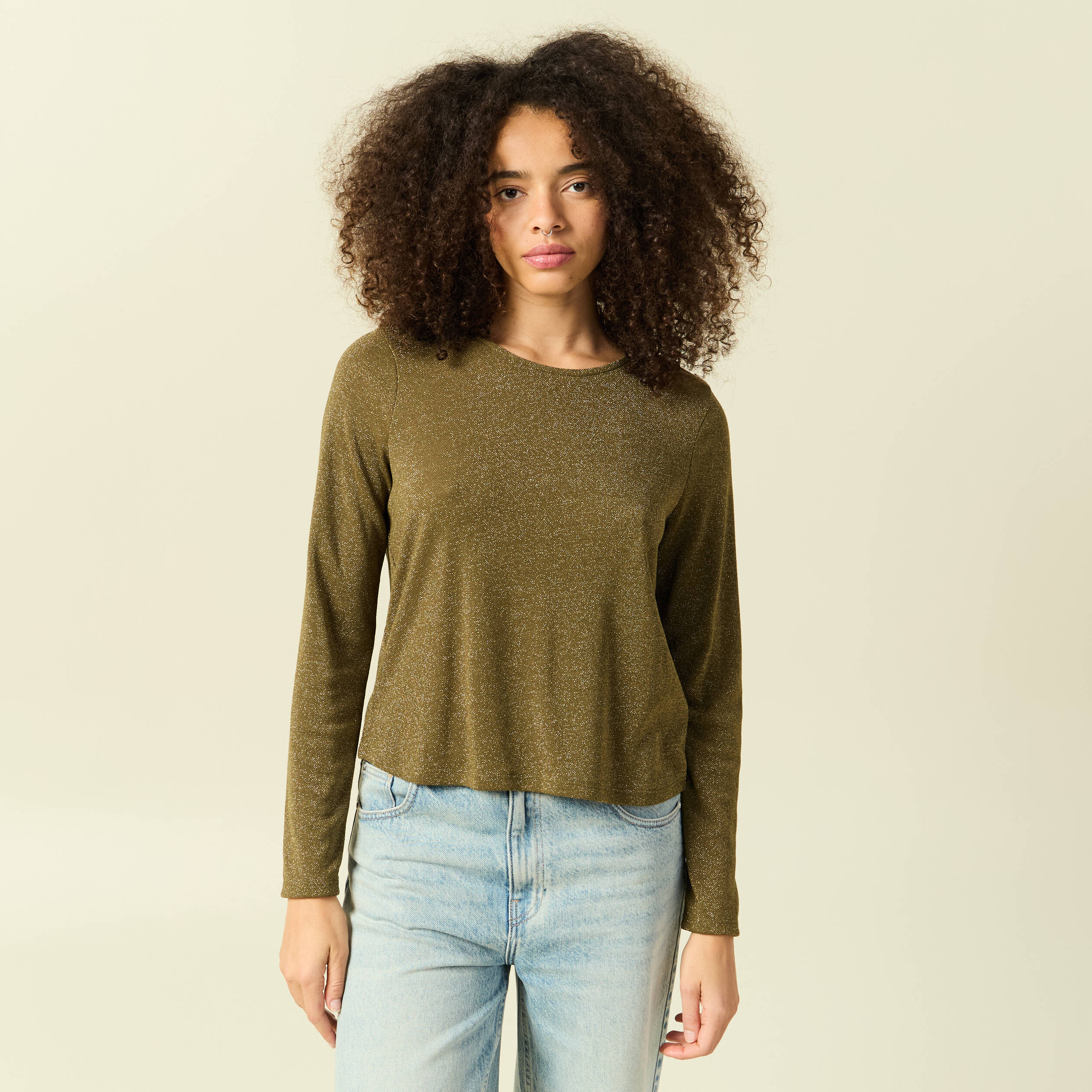 T-shirt manches longues vert kaki femme