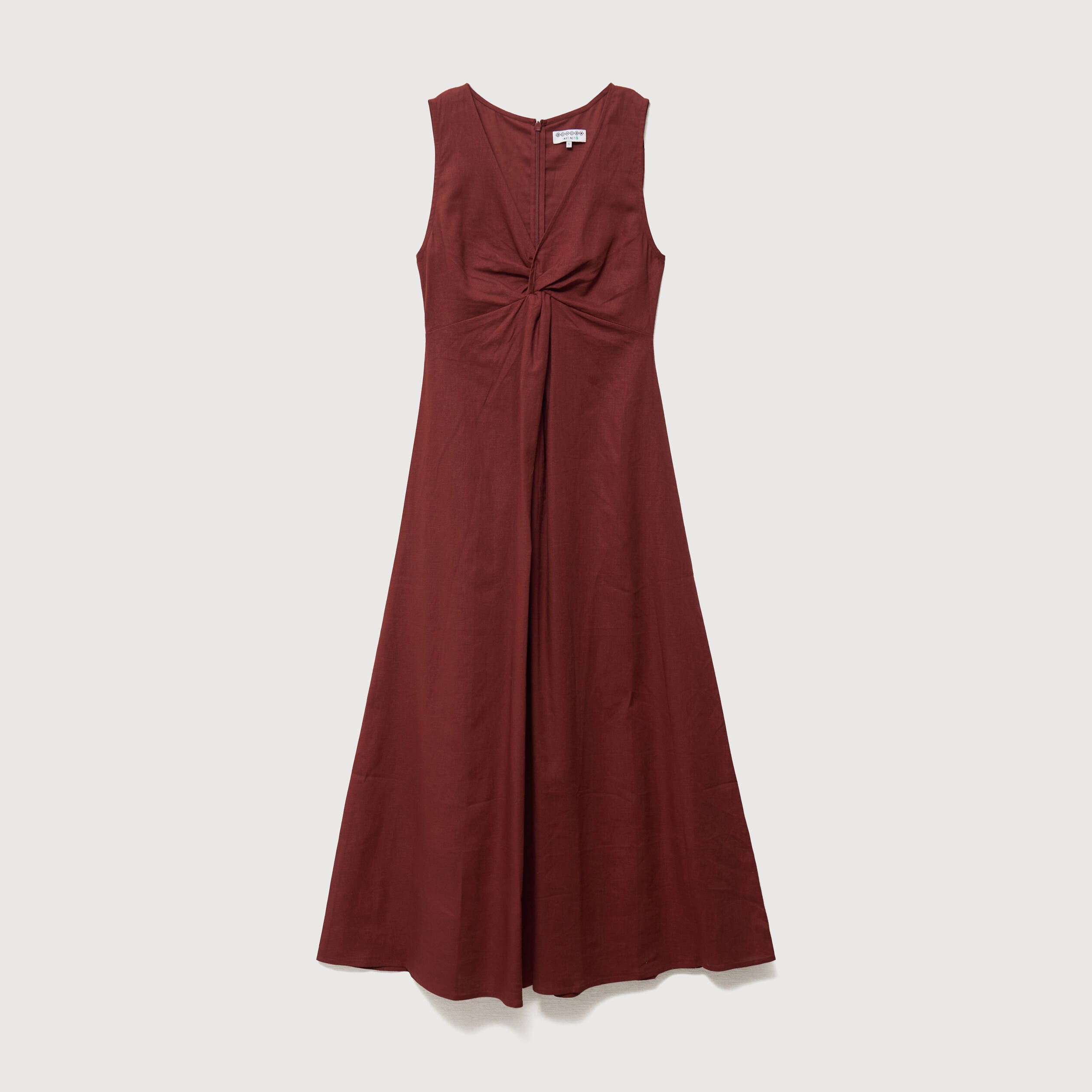 Robe sans manches col v marron cognac femme