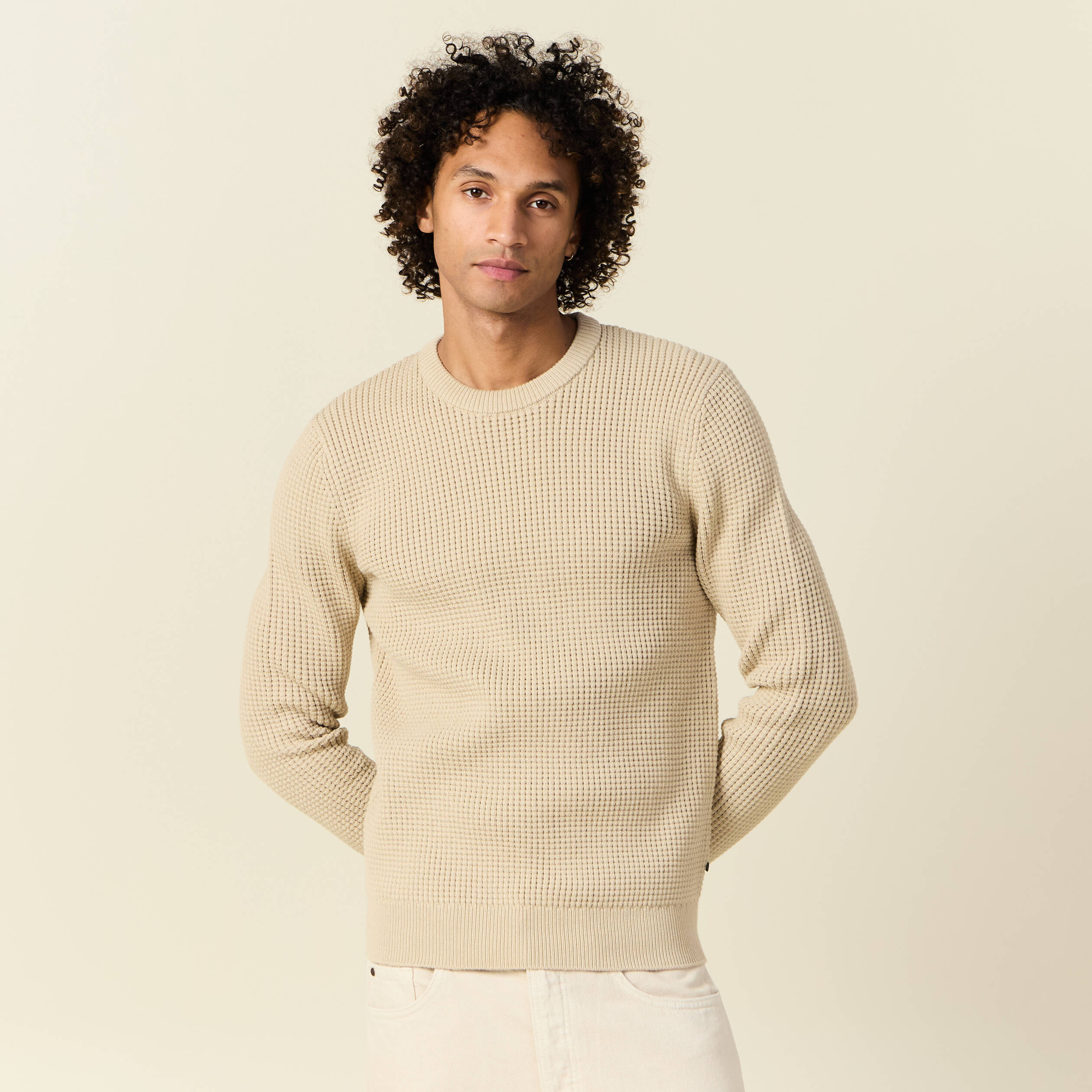 Pull manches longues col rond sable homme