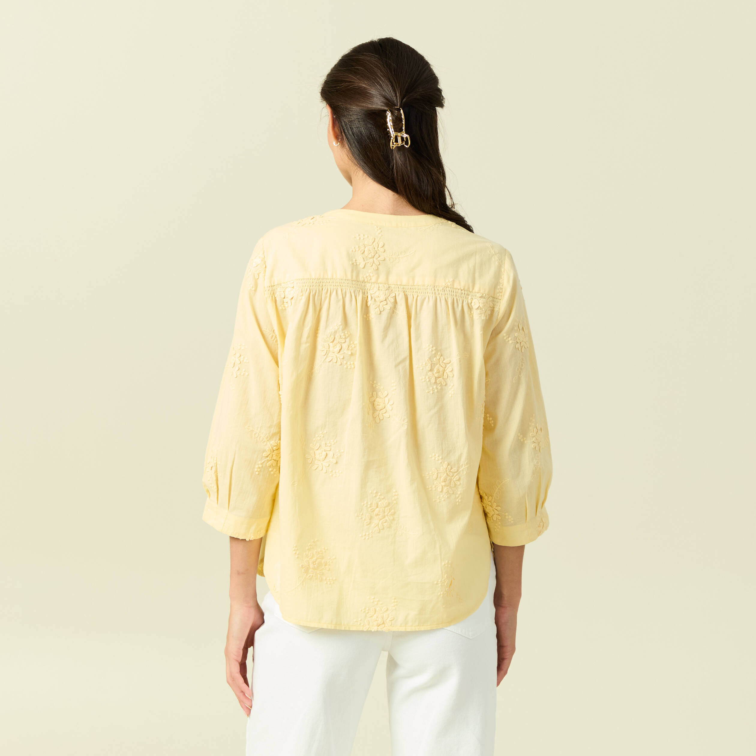 Chemise en coton manches 3/4 jaune clair femme