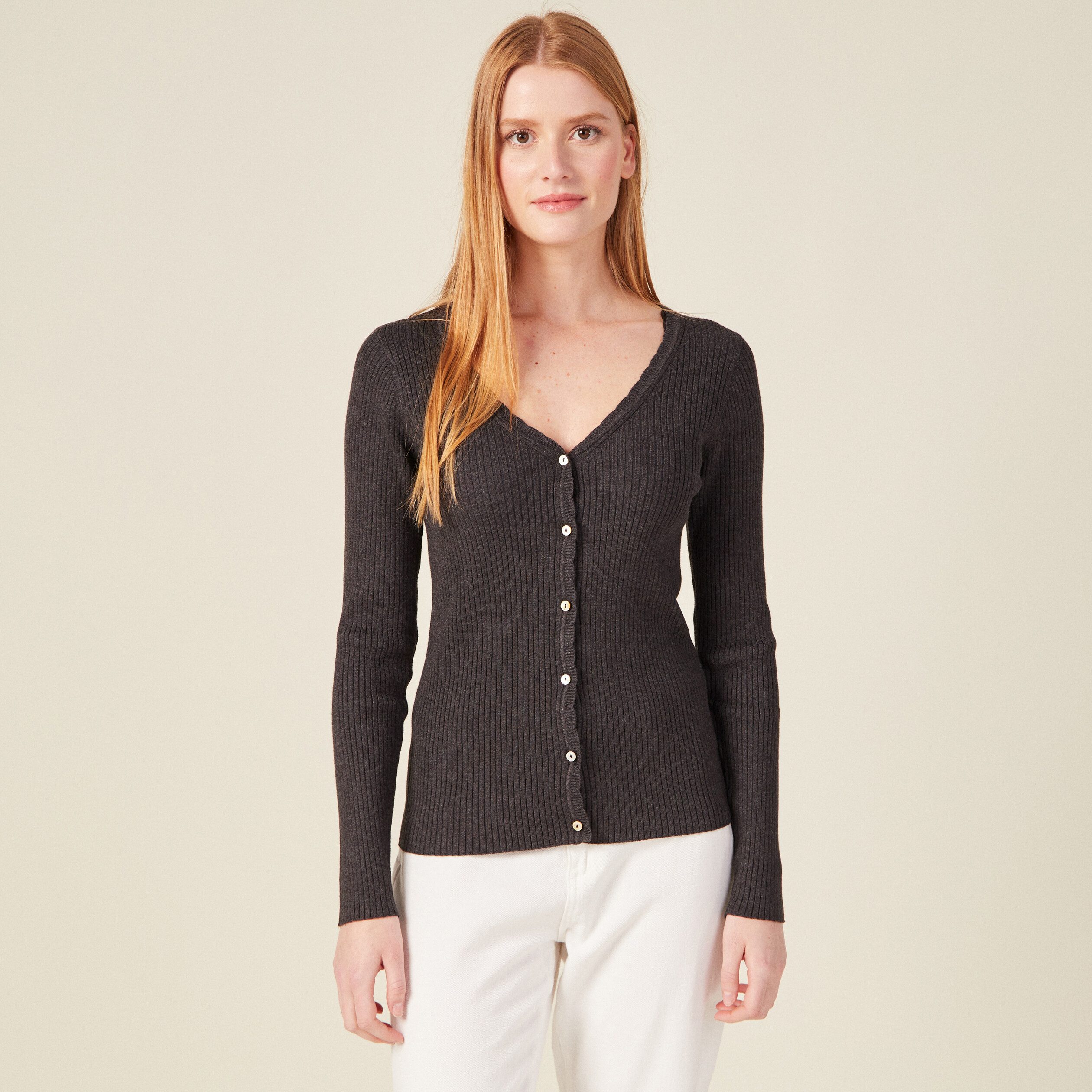 Gilet manches longues col v gris fonc&eacute; femme