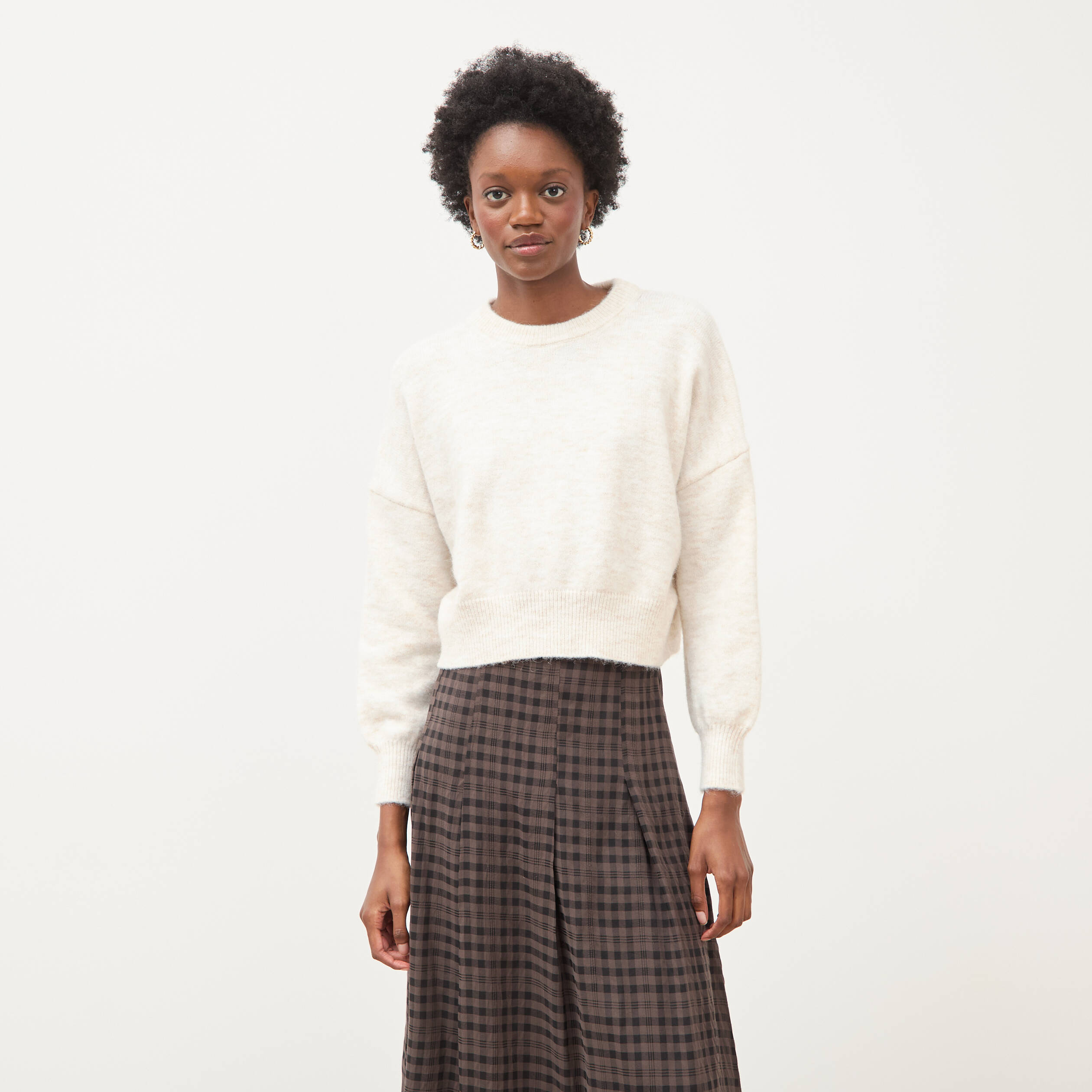 Pull droit cropped manches longues creme femme