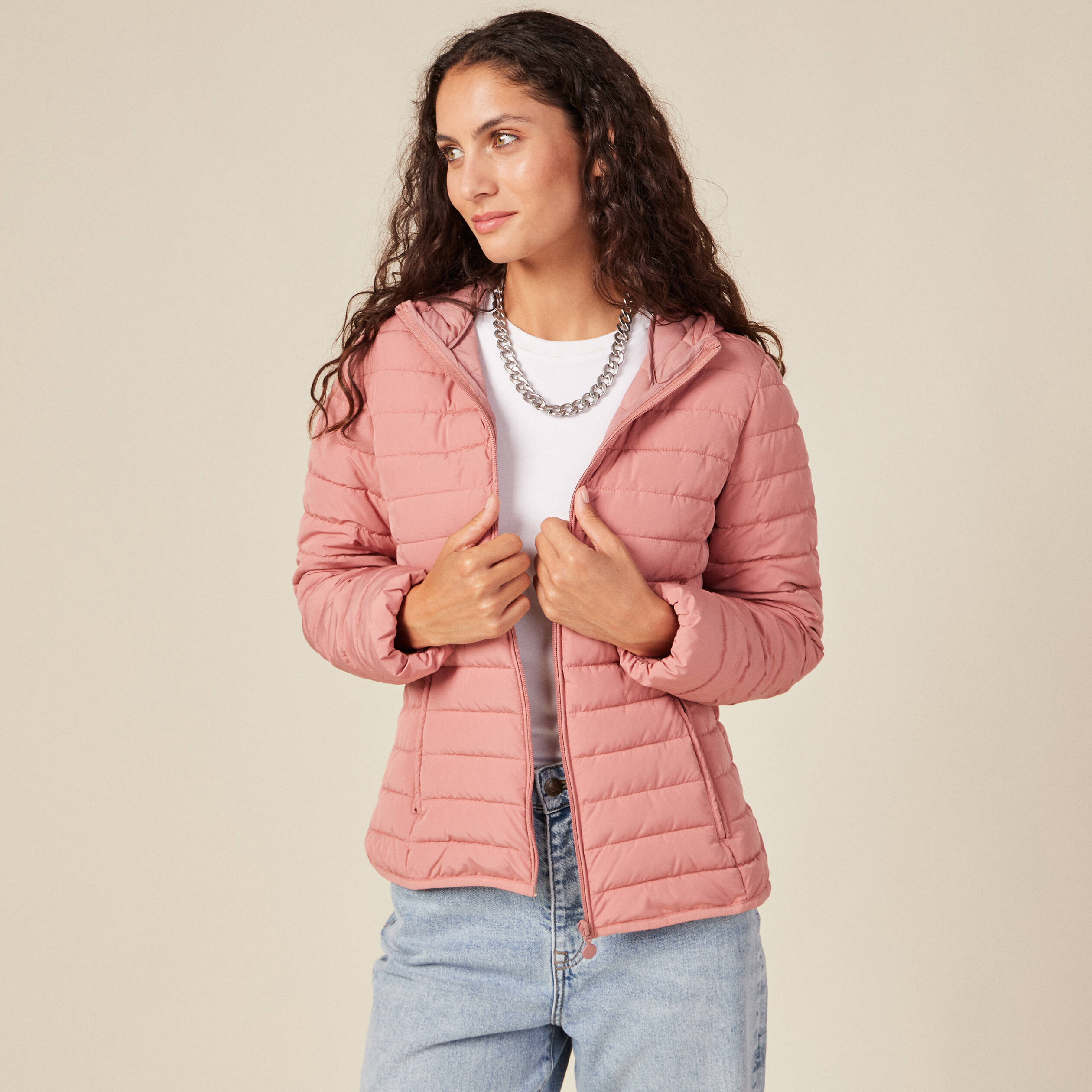 Doudoune droite à capuche rose femme