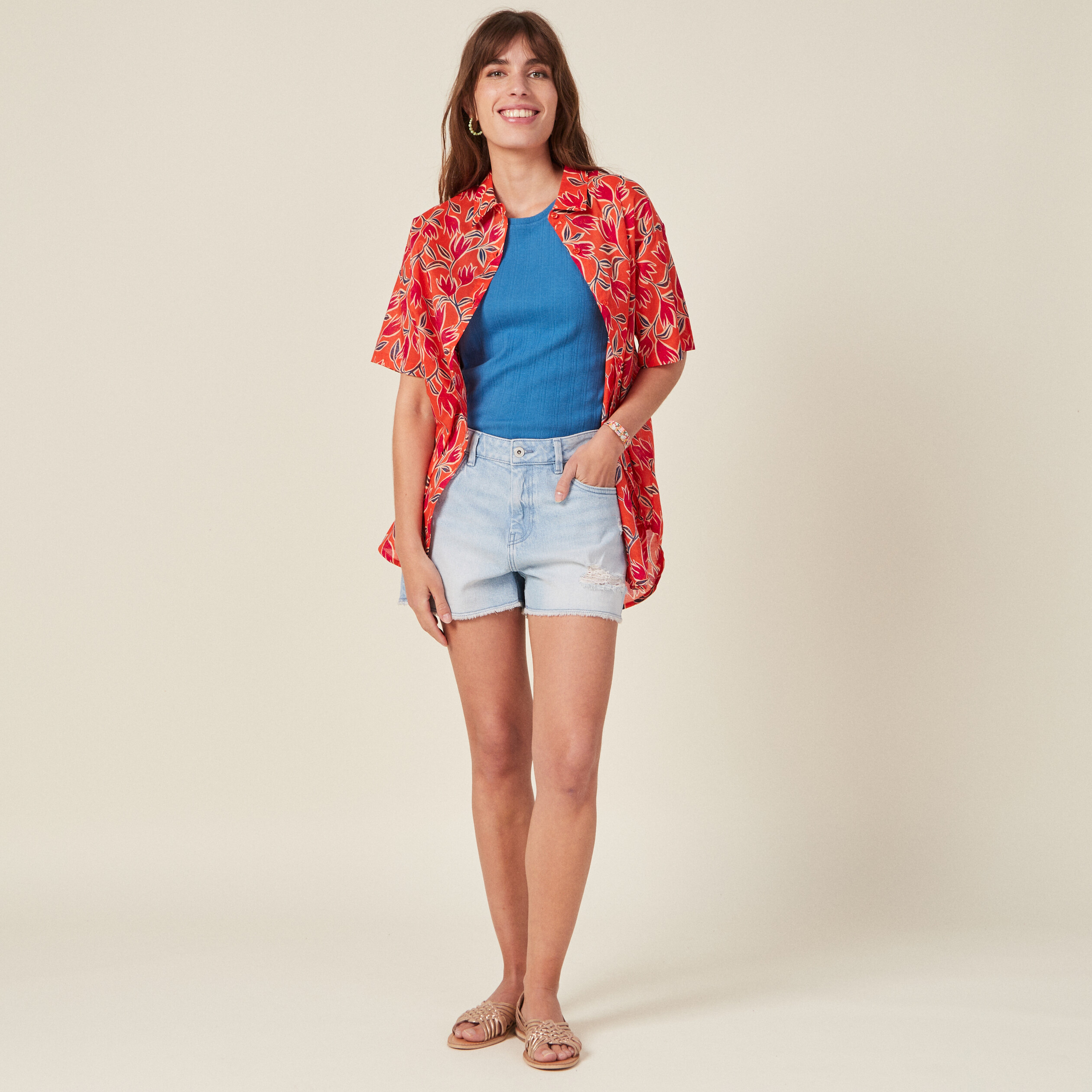Chemise en coton manches courtes orange femme