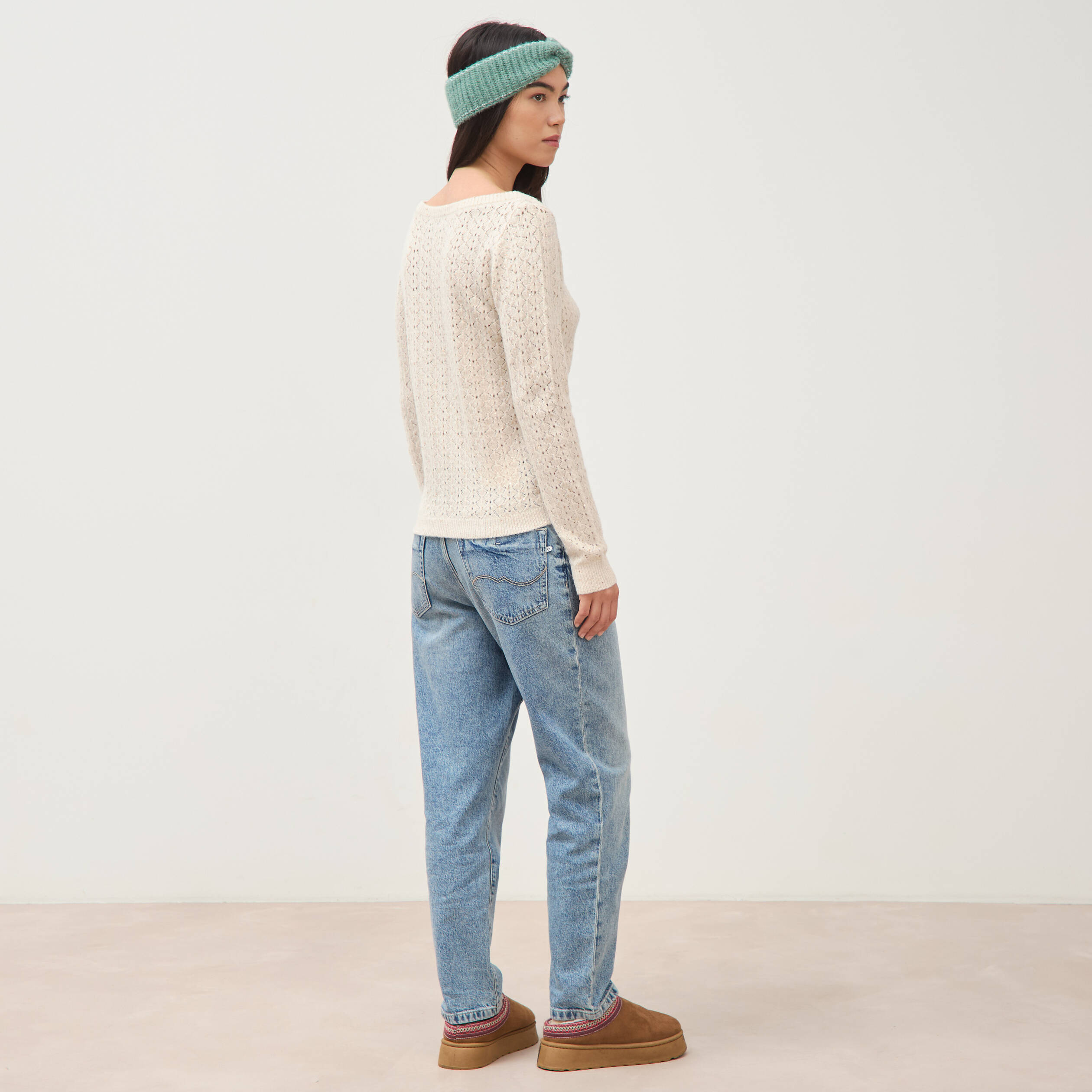 Pull manches longues col bateau creme femme