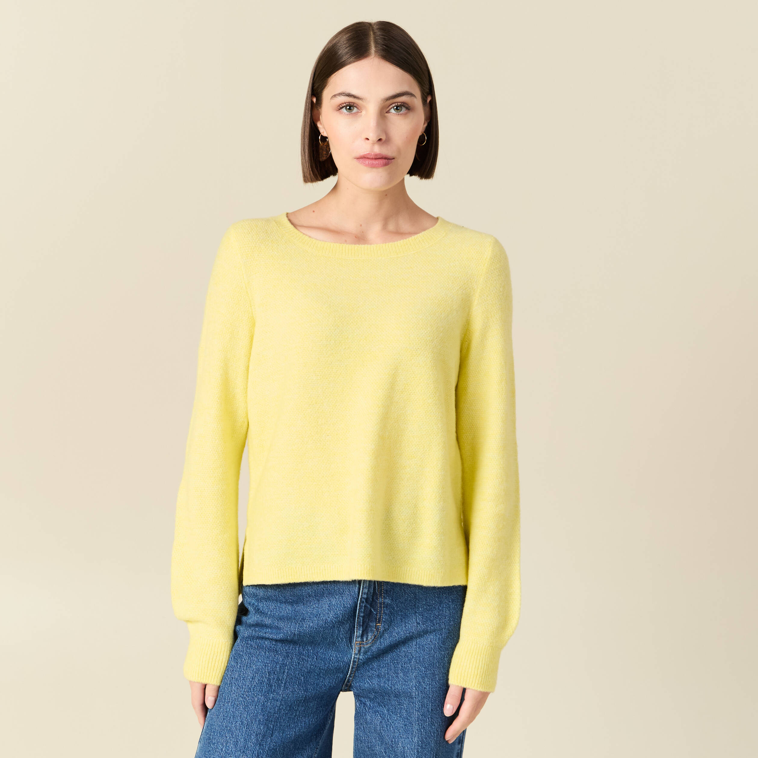Pull col bateau manches longues jaune clair femme