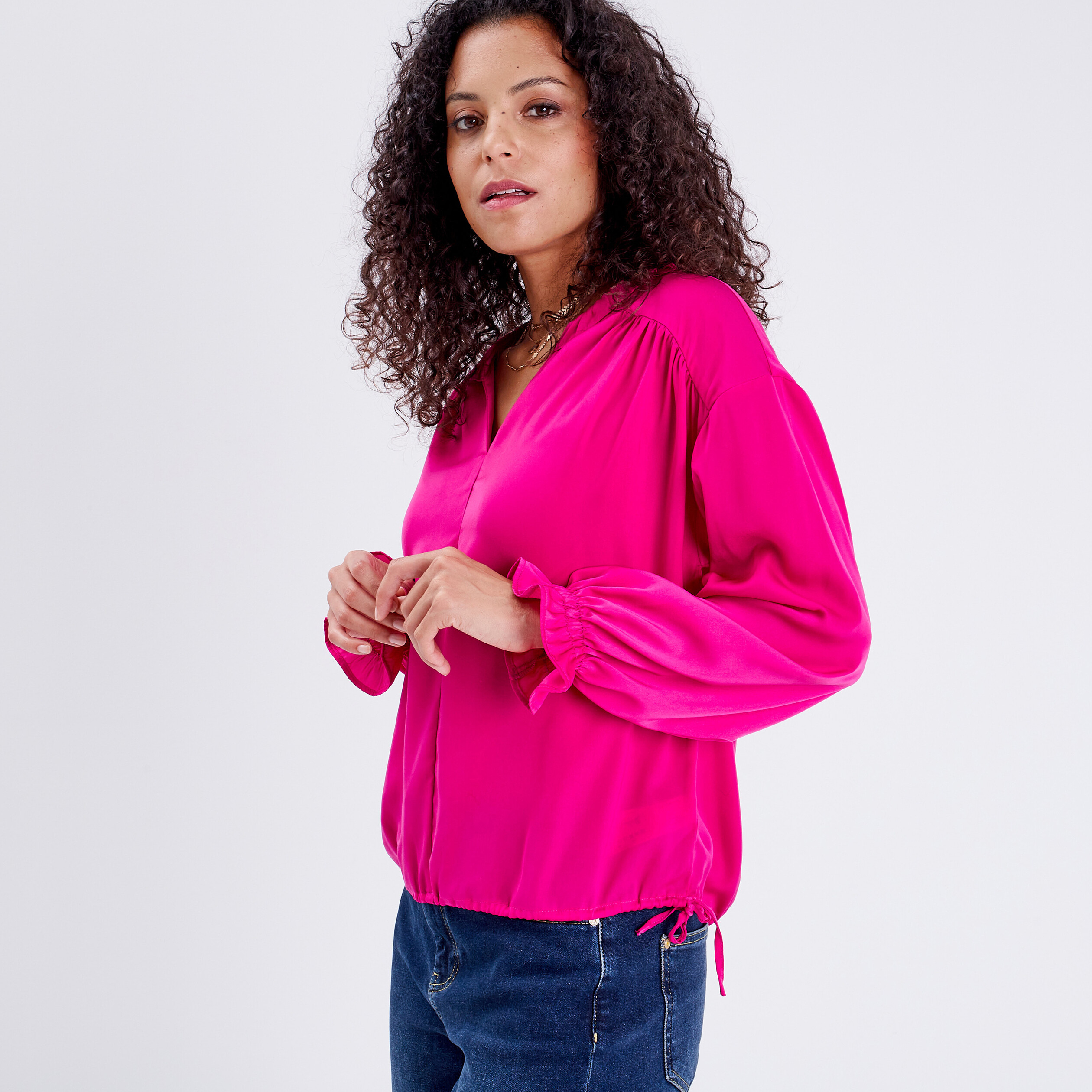 Blouse manches longues satinée rose fushia femme