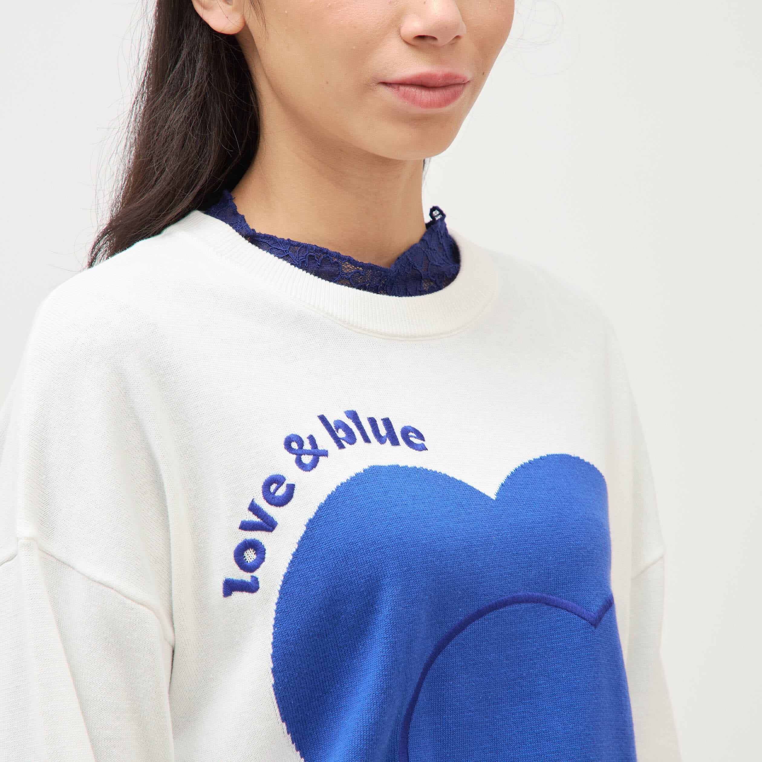 Pull oversize col rond manches longues ecru femme