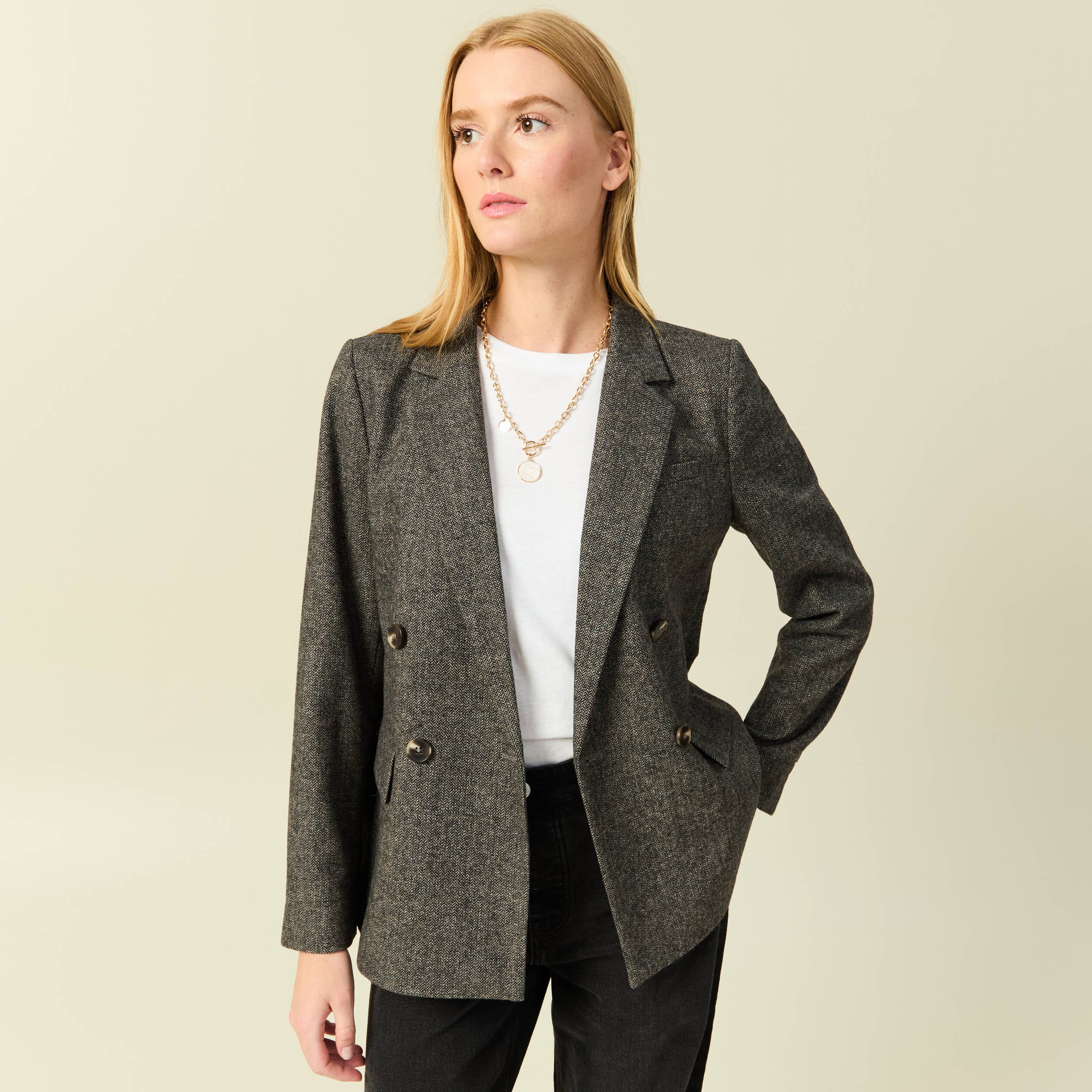 Blazer col tailleur manches longues gris fonc&eacute; femme