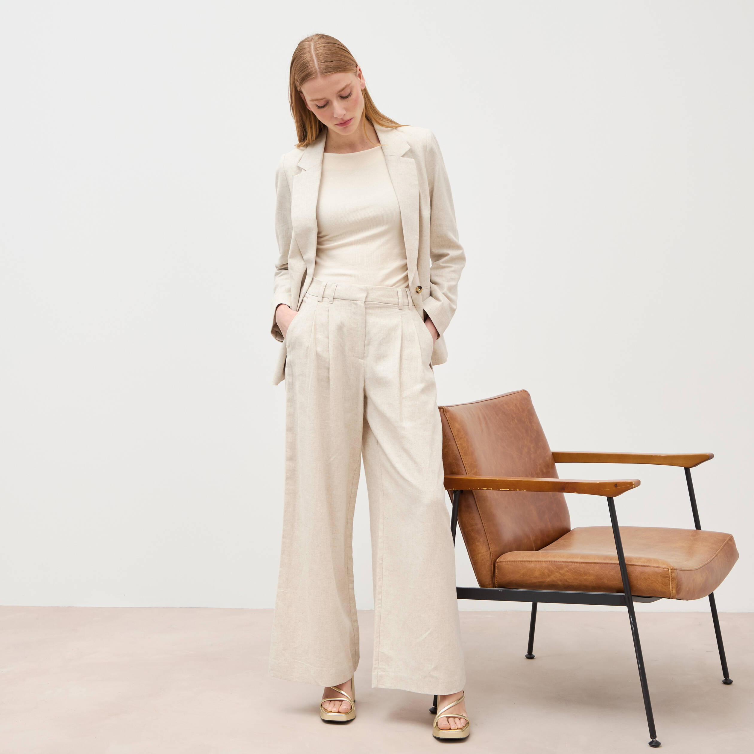 Pantalon large taille haute sable femme