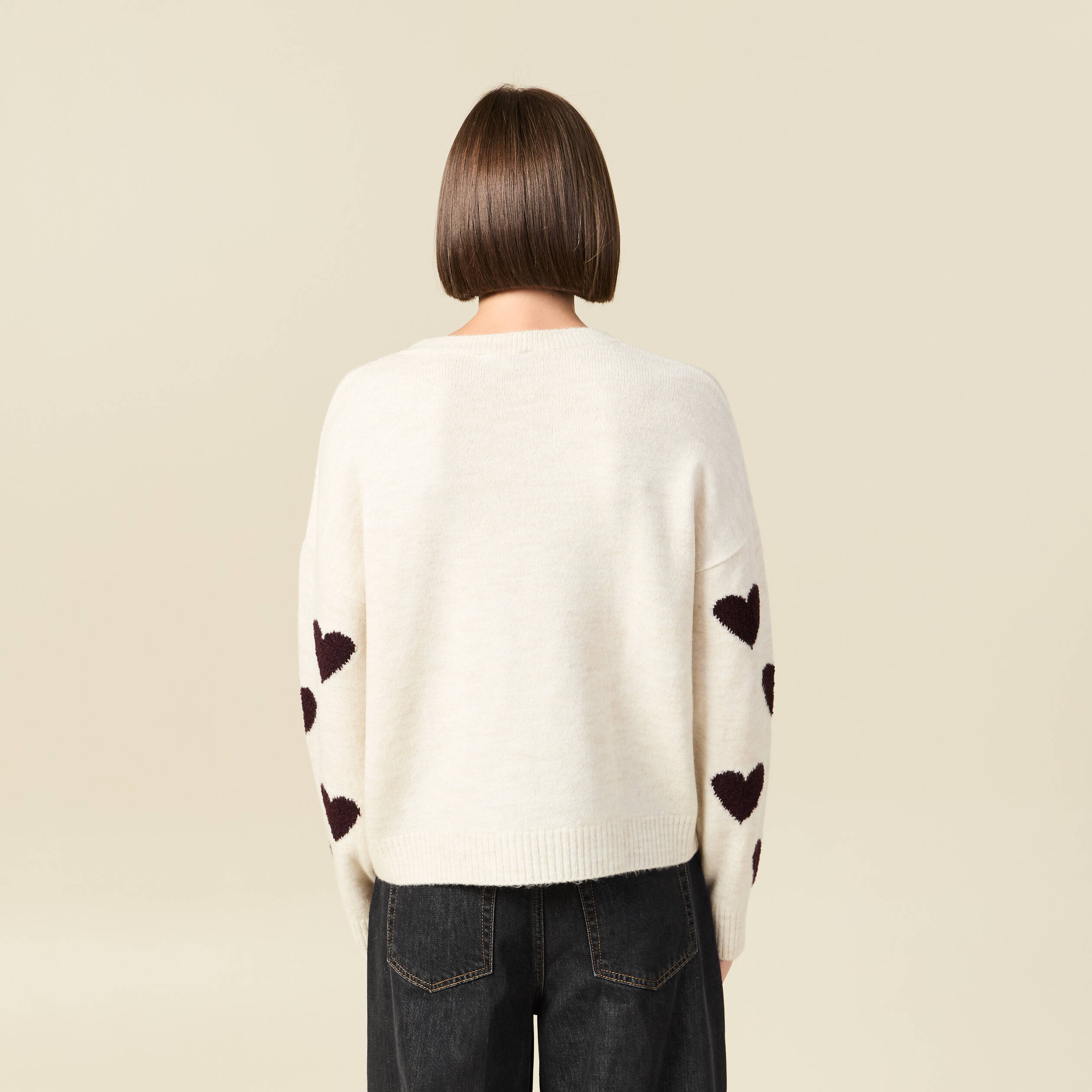 Pull manches longues bouclette col rond prune femme