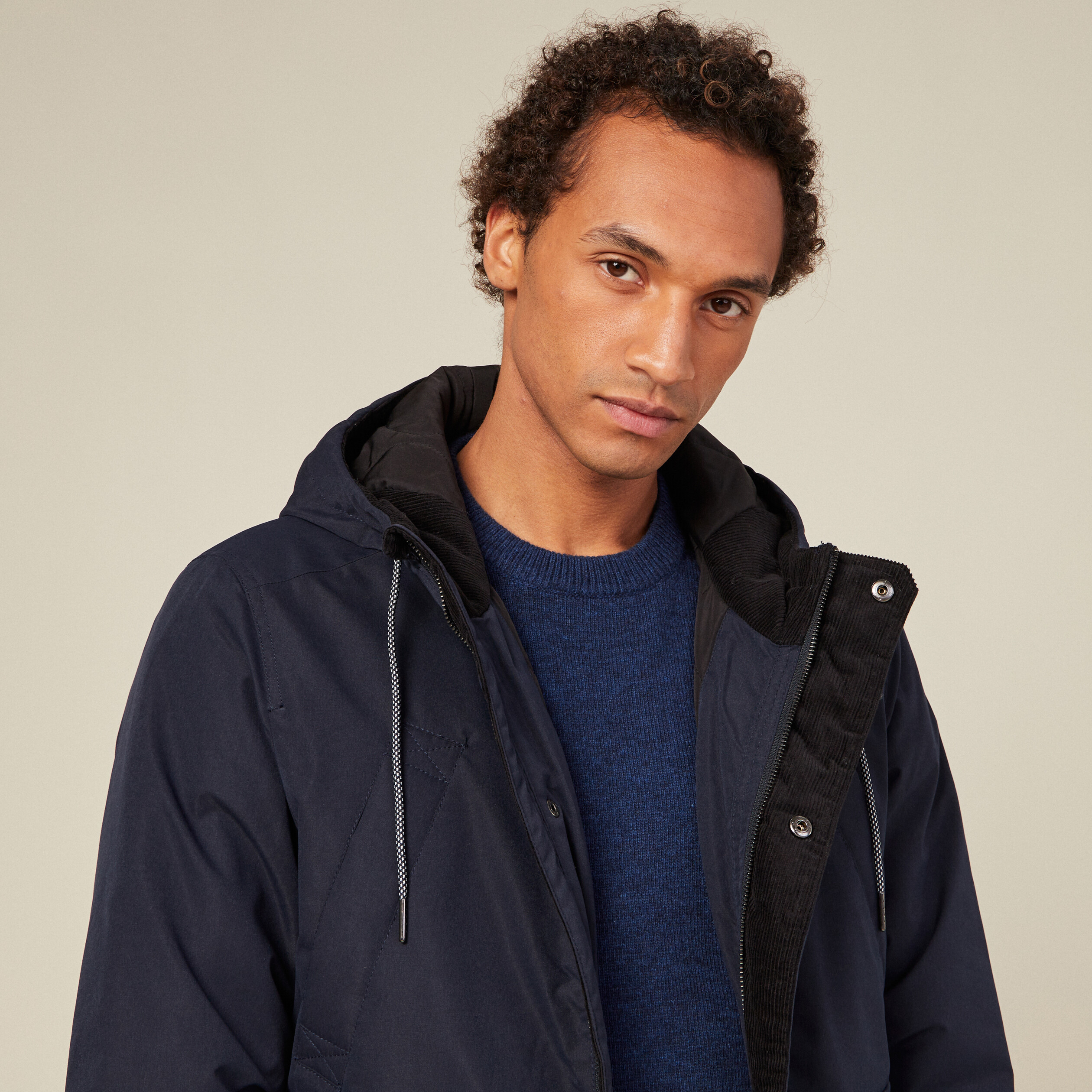 Parka droite à capuche velours bleu marine homme