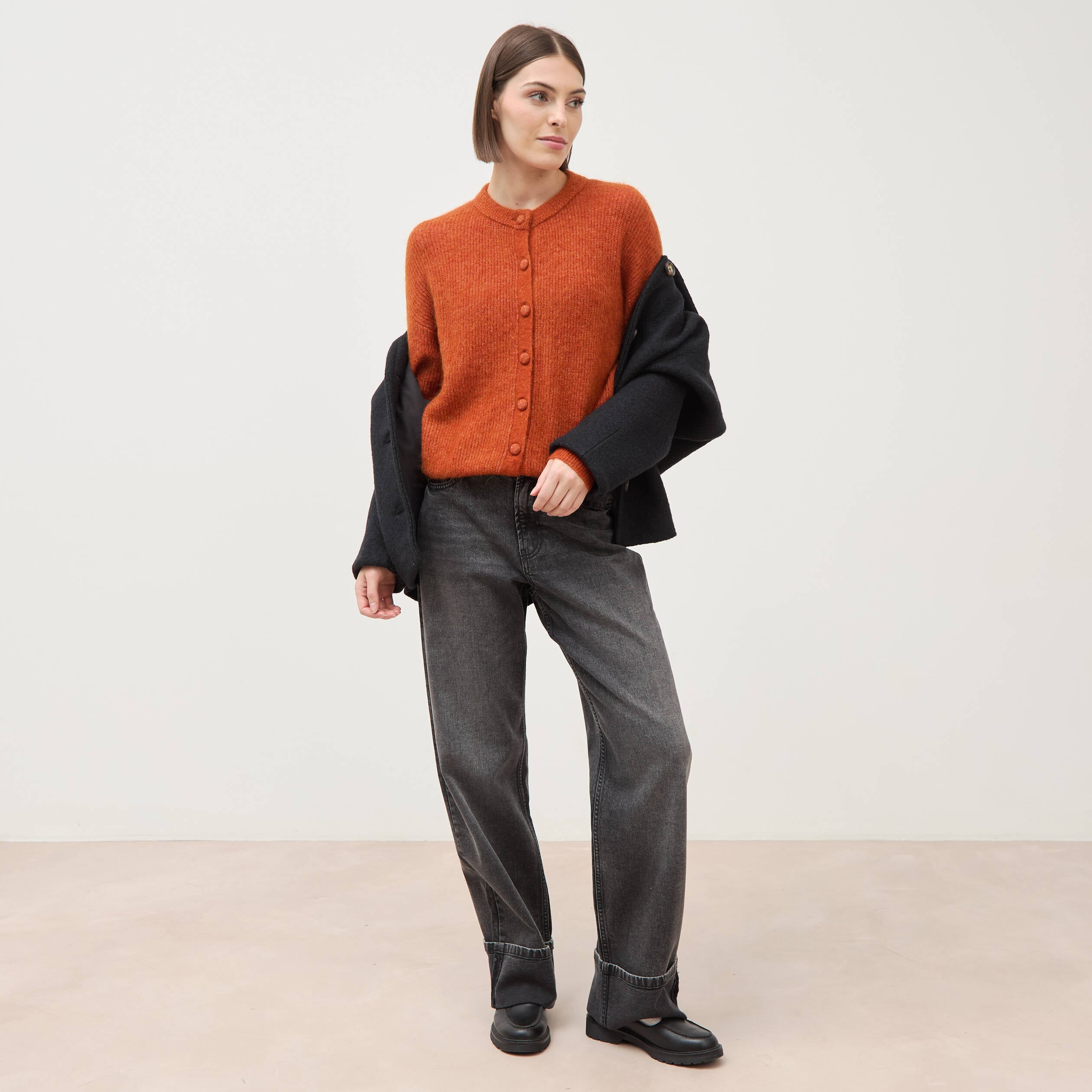 Manteau oversize court col tailleur noir femme