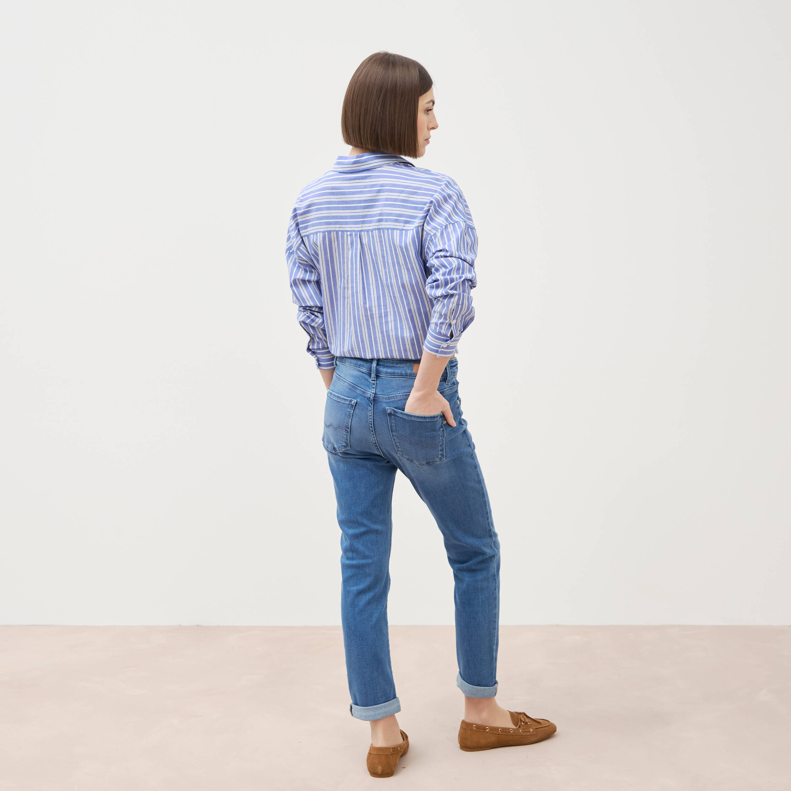 Jeans girlfriend taille haute denim stone femme