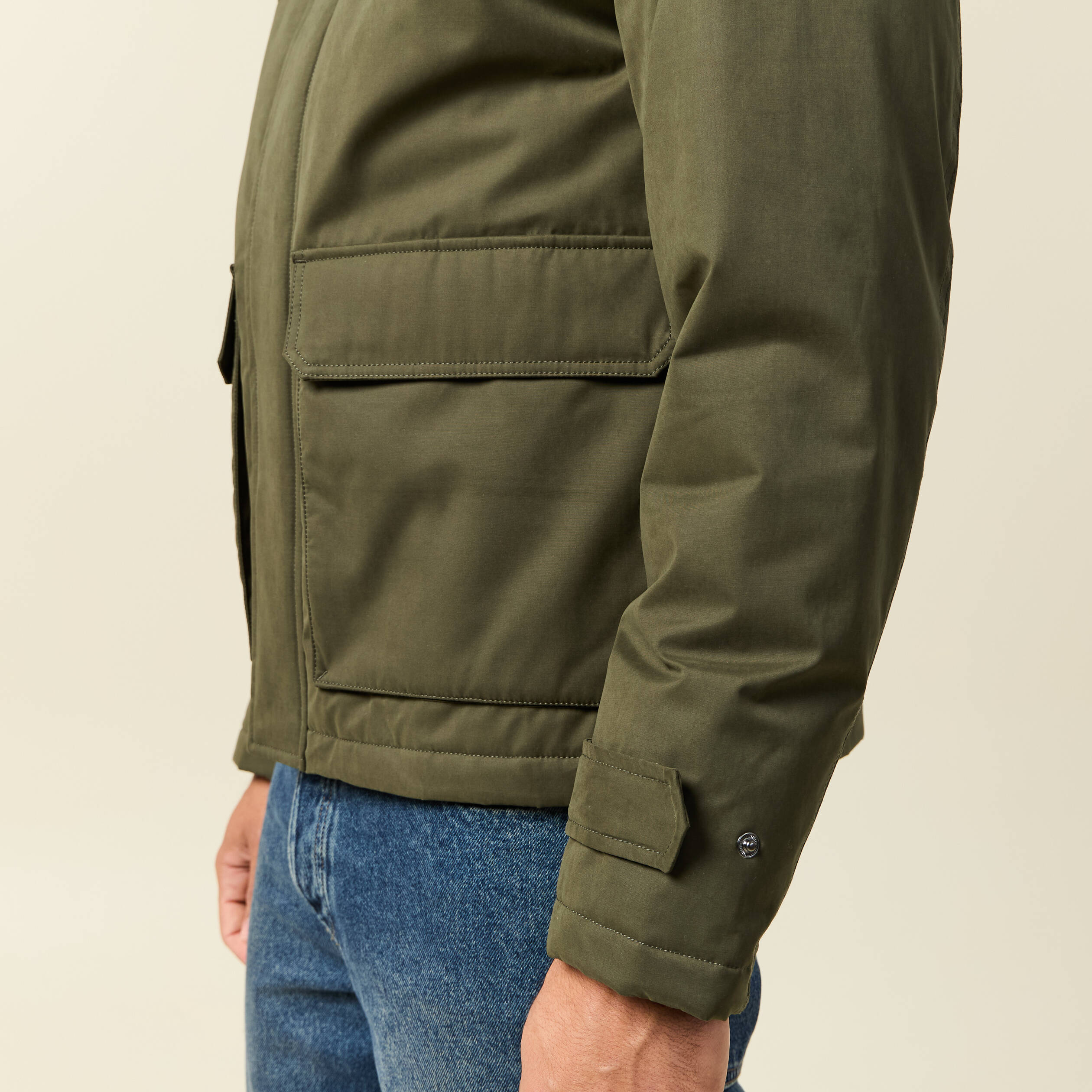 Parka droite courte &agrave; capuche vert kaki homme
