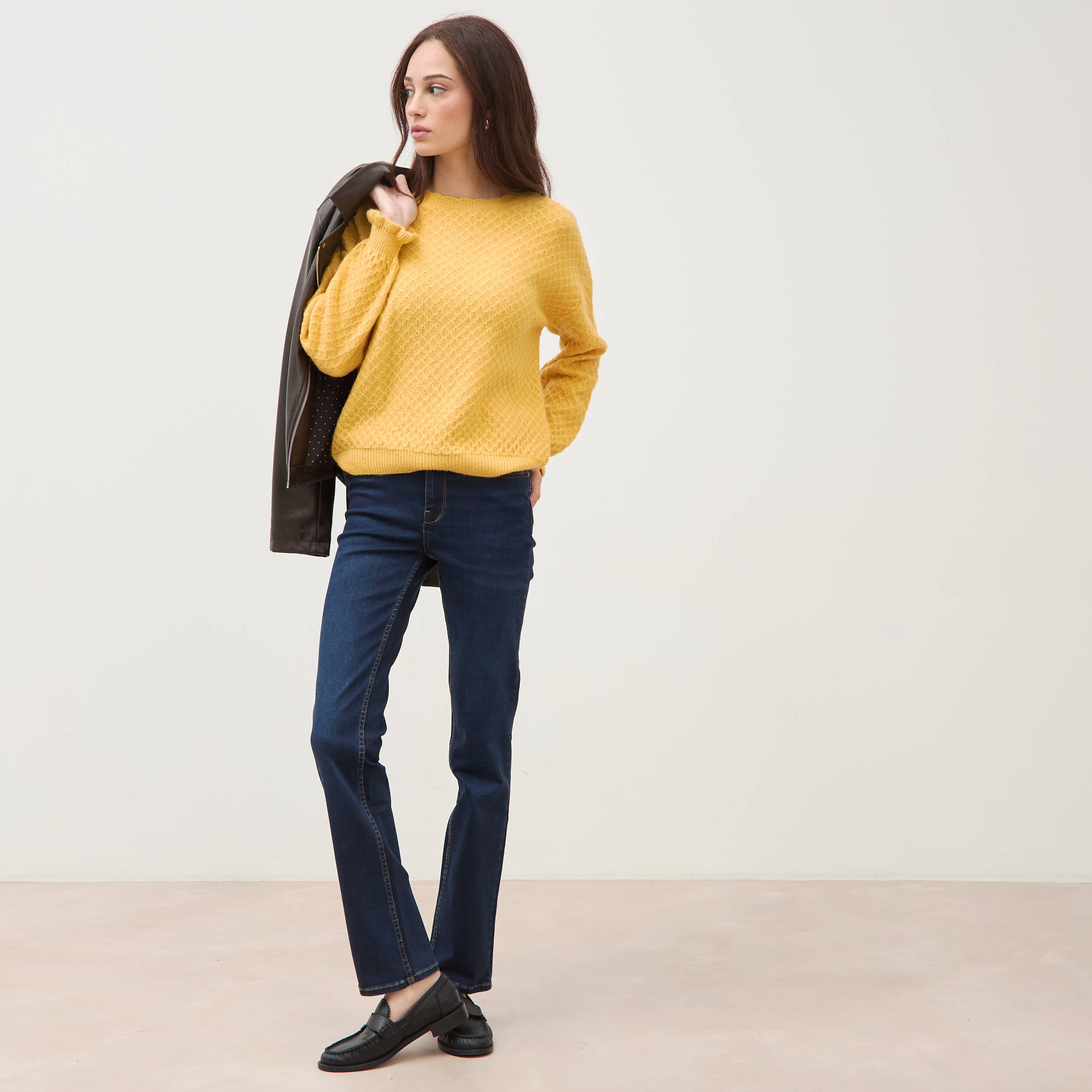 Jeans regular taille haute denim brut femme