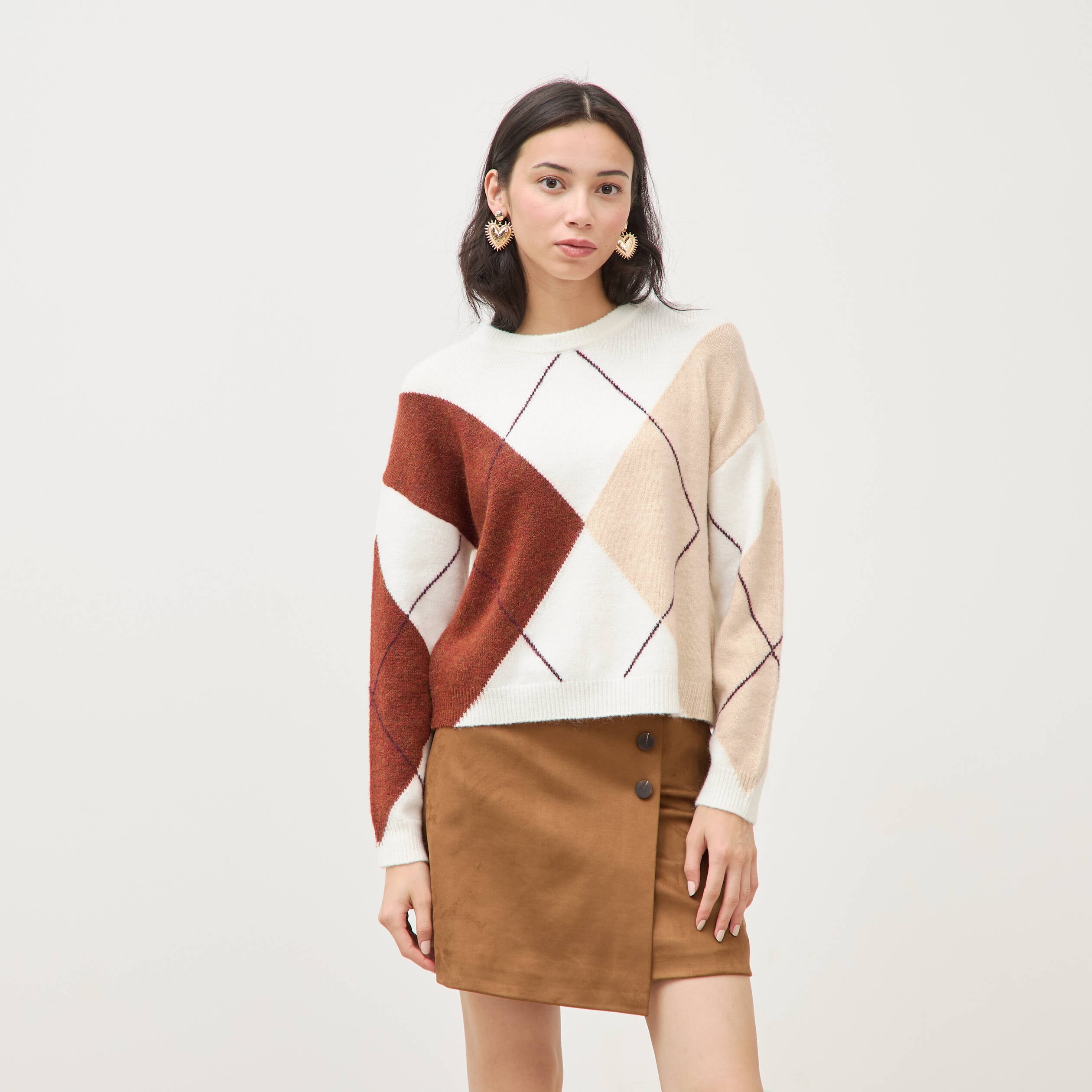 Pull col rond manches longues ecru femme