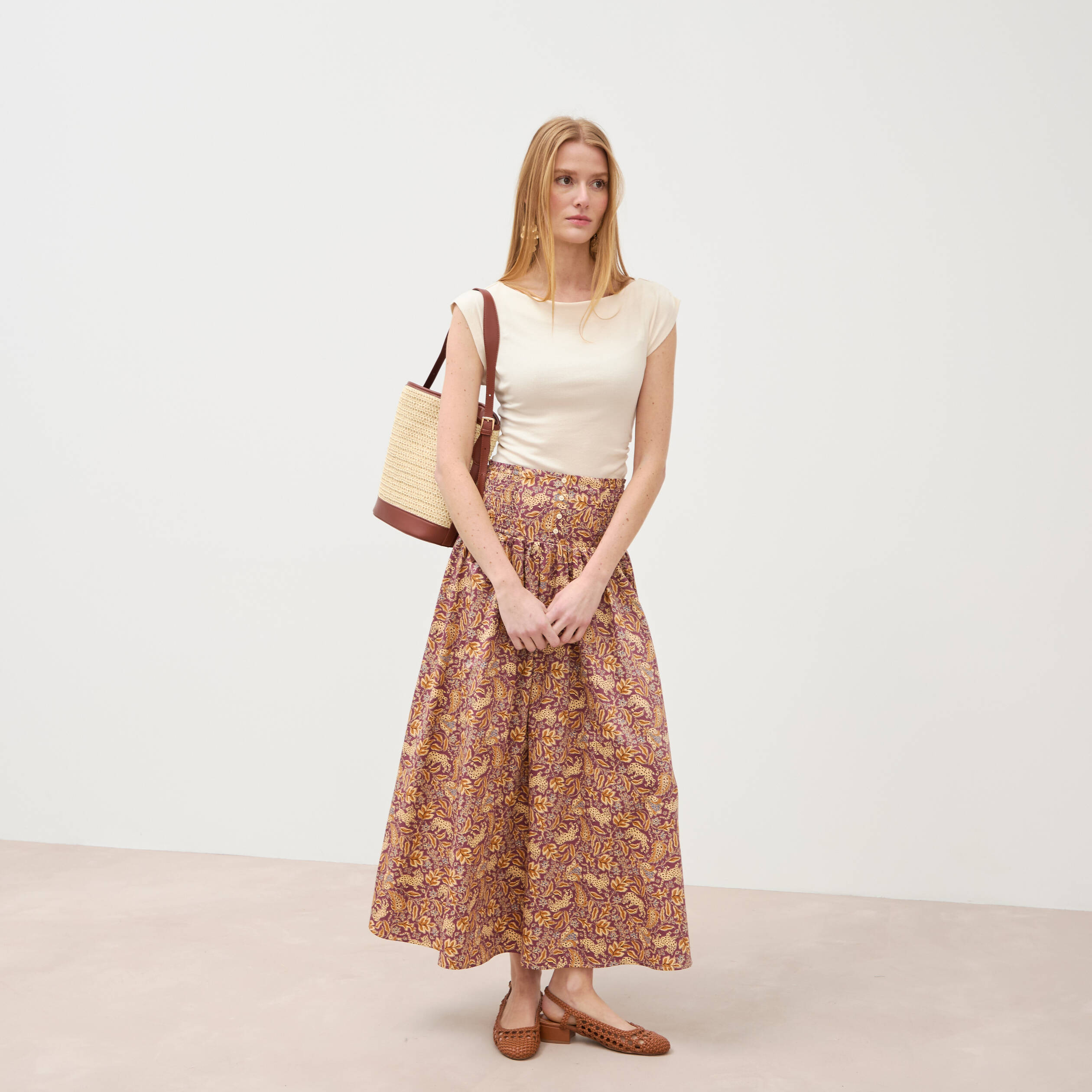Jupe longue &eacute;vas&eacute;e en coton beige moyen femme