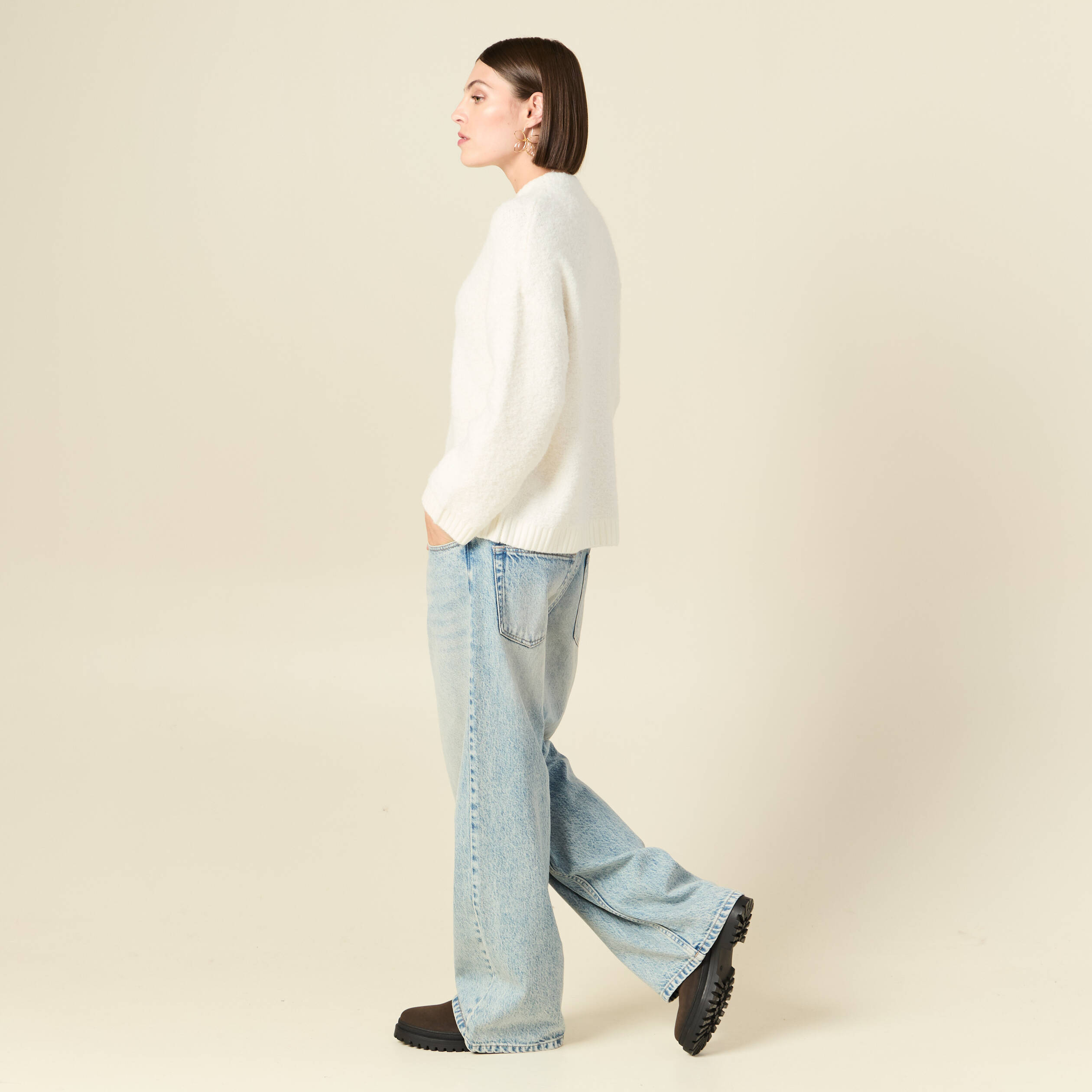 Pull manches longues col montant ivoire femme