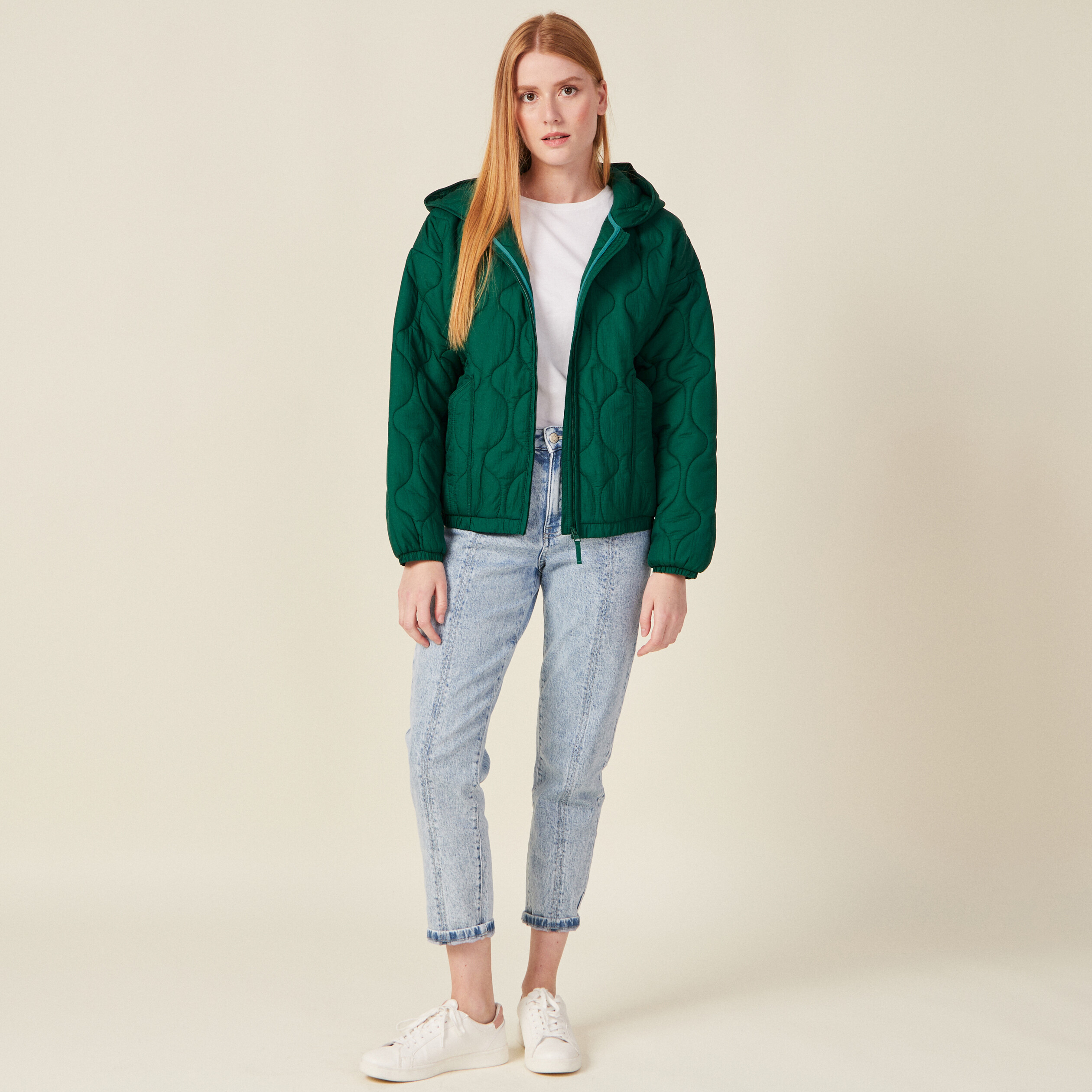 Doudoune droite à capuche vert femme