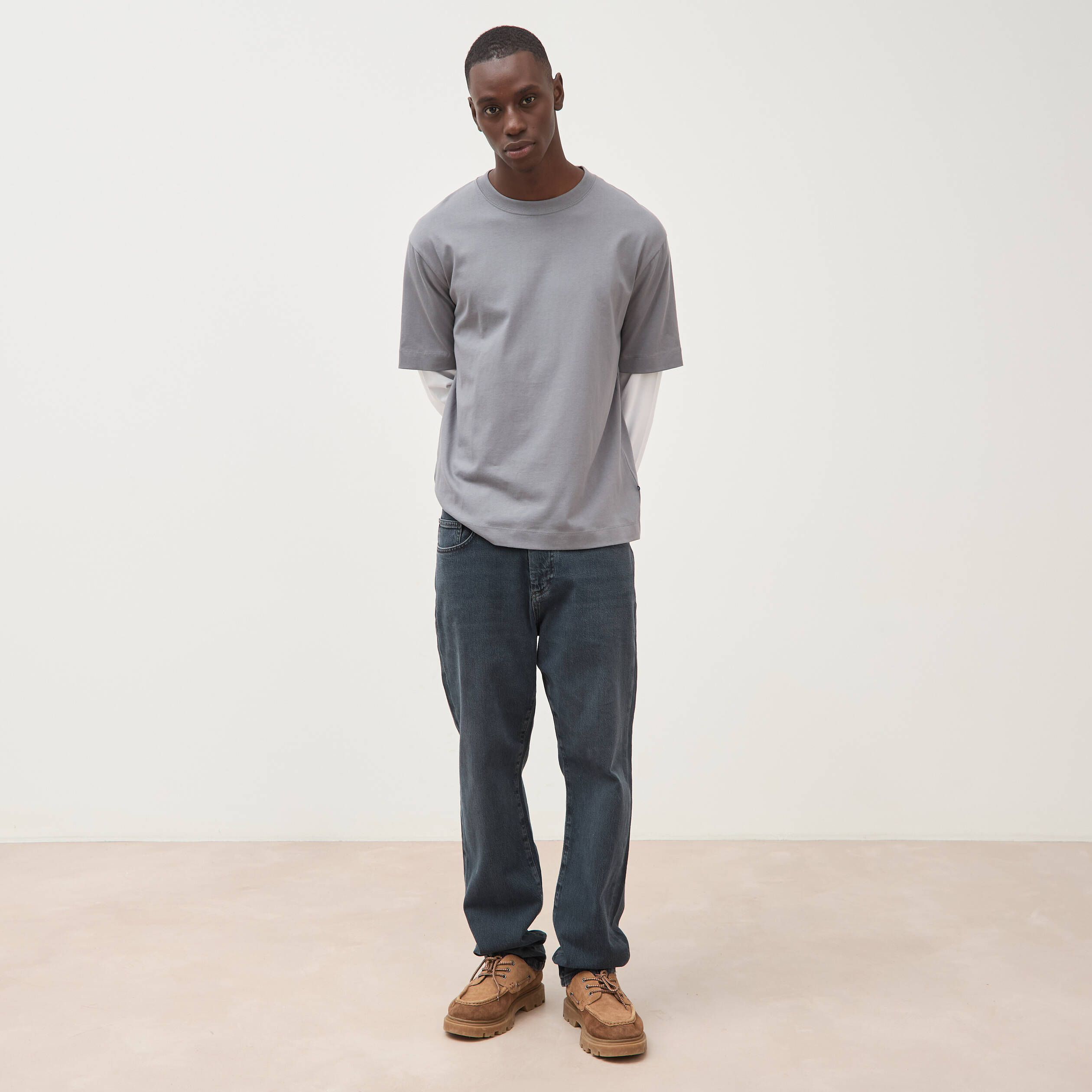 T-shirt droit manches longues col rond gris homme