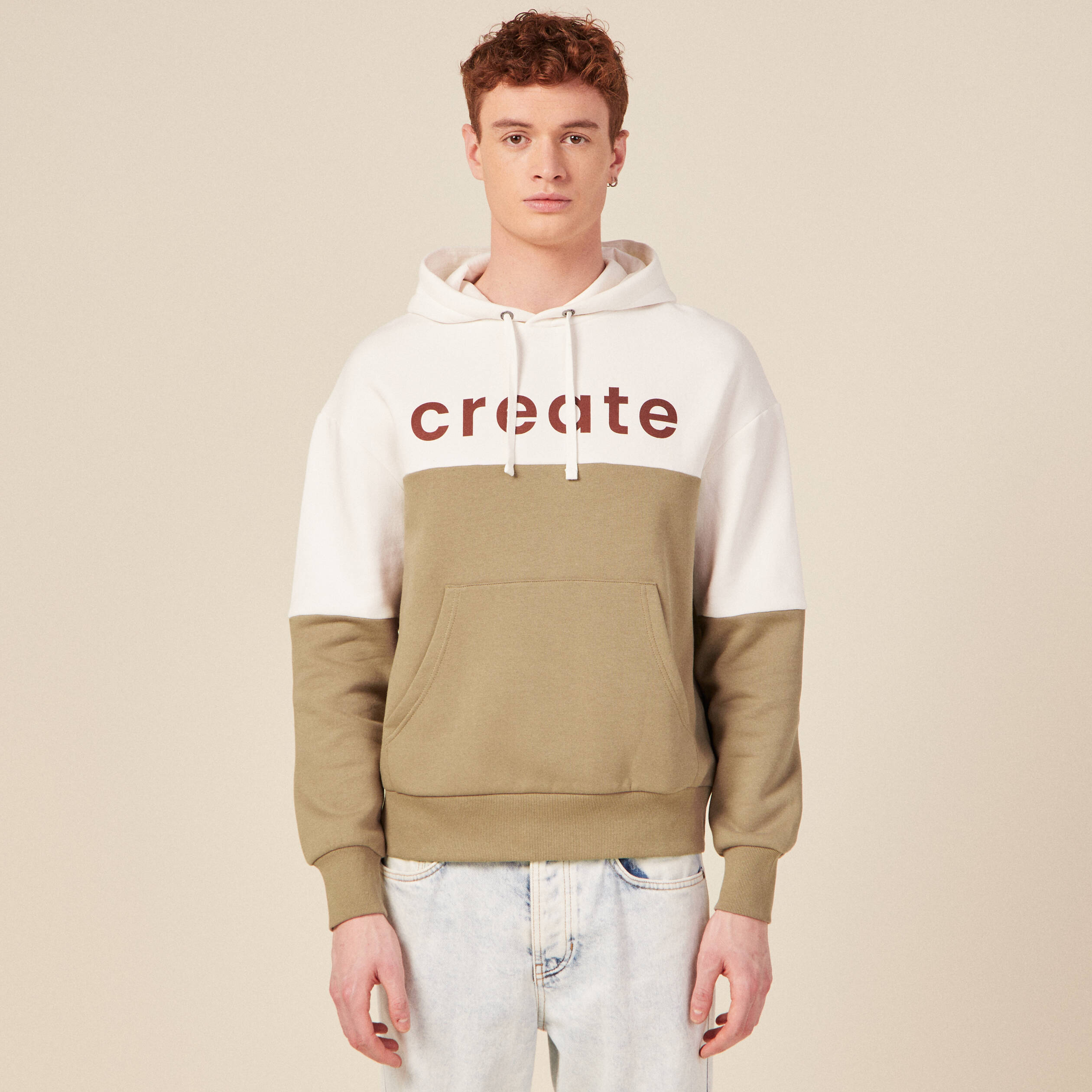 Sweat &agrave; capuche manches longues taupe homme